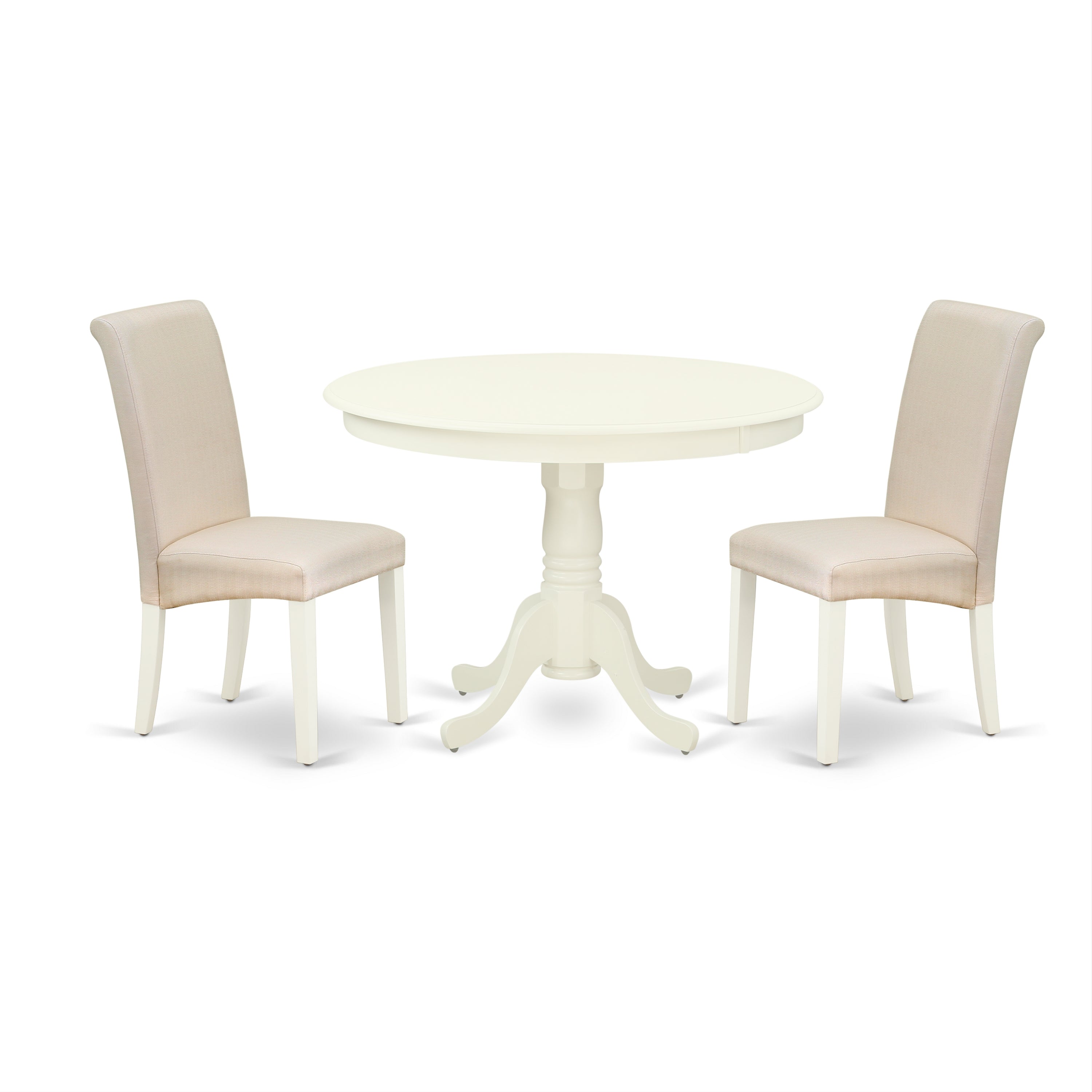 HLBA3-LWH-01 3Pc Dinette Set Includes a Rounded Kitchen Table and Two Parson Chairs with Cream Fabric, Linen White Finish