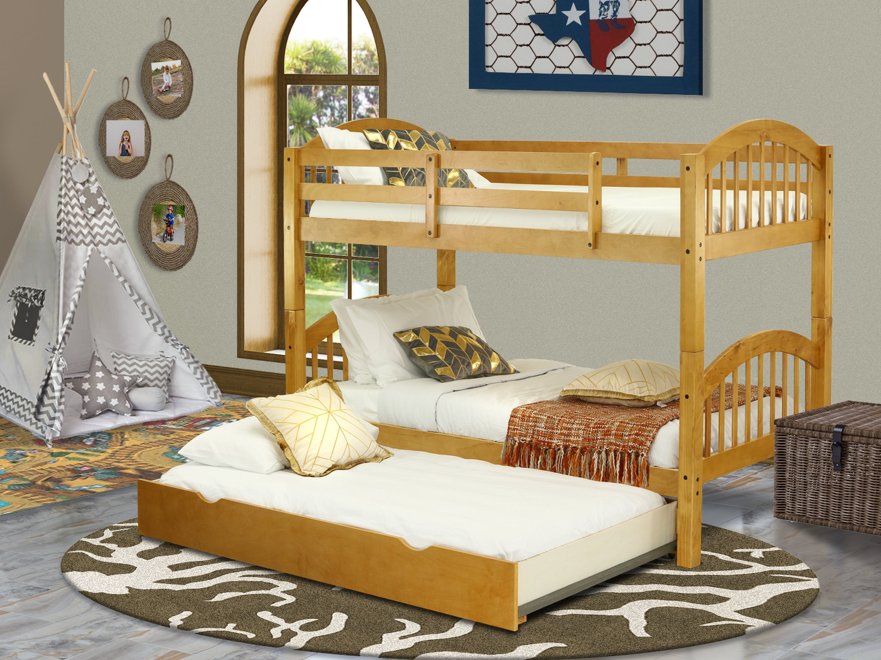 East West Furniture Verona Twin Bunk Bed in Natural Oak Finish with Convertible Trundle & Drawer