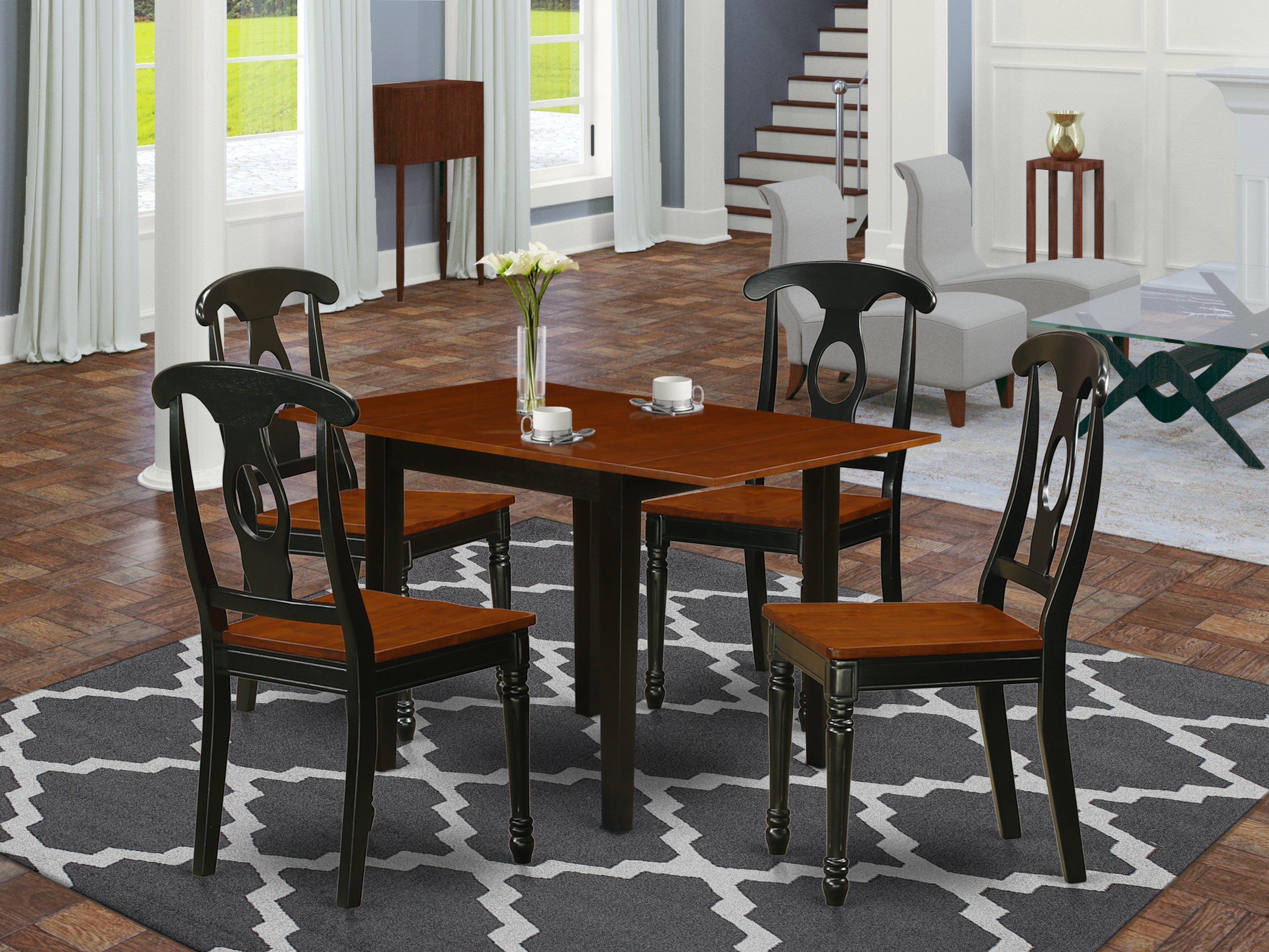 East West Furniture NDKE5-BCH-W 5Pc Modern Dining Table Set Features a Drop Leaf Table and 4 Modern Dining Chairs with Rubberwood Seat and Napoleon Back, Black and Cherry Finish