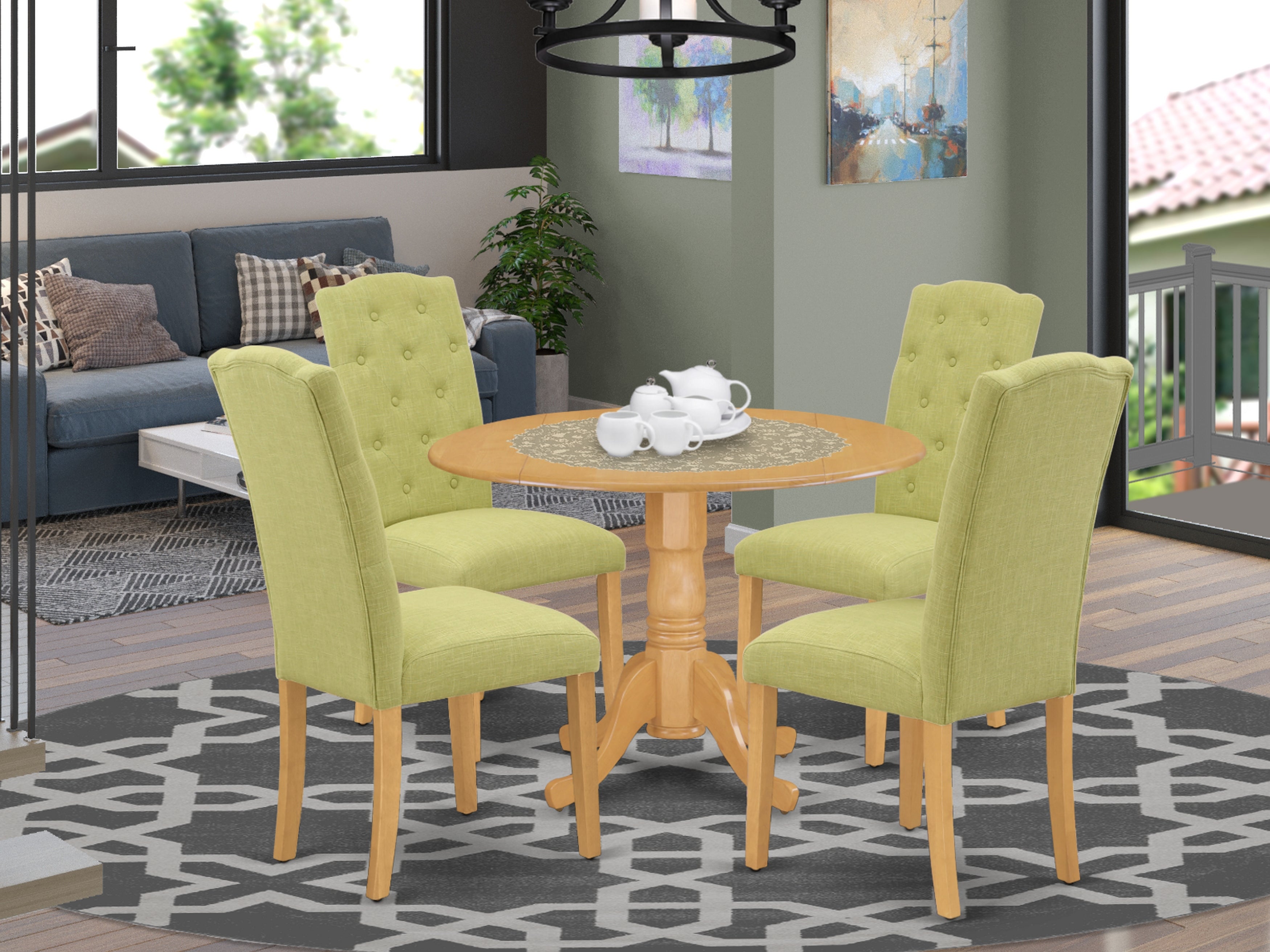DLCE5-OAK-07 5Pc Dining Set Includes a Small Round Dinette Table with Drop Leaves and Four Parson Chairs with Lime Green Fabric, Oak Finish