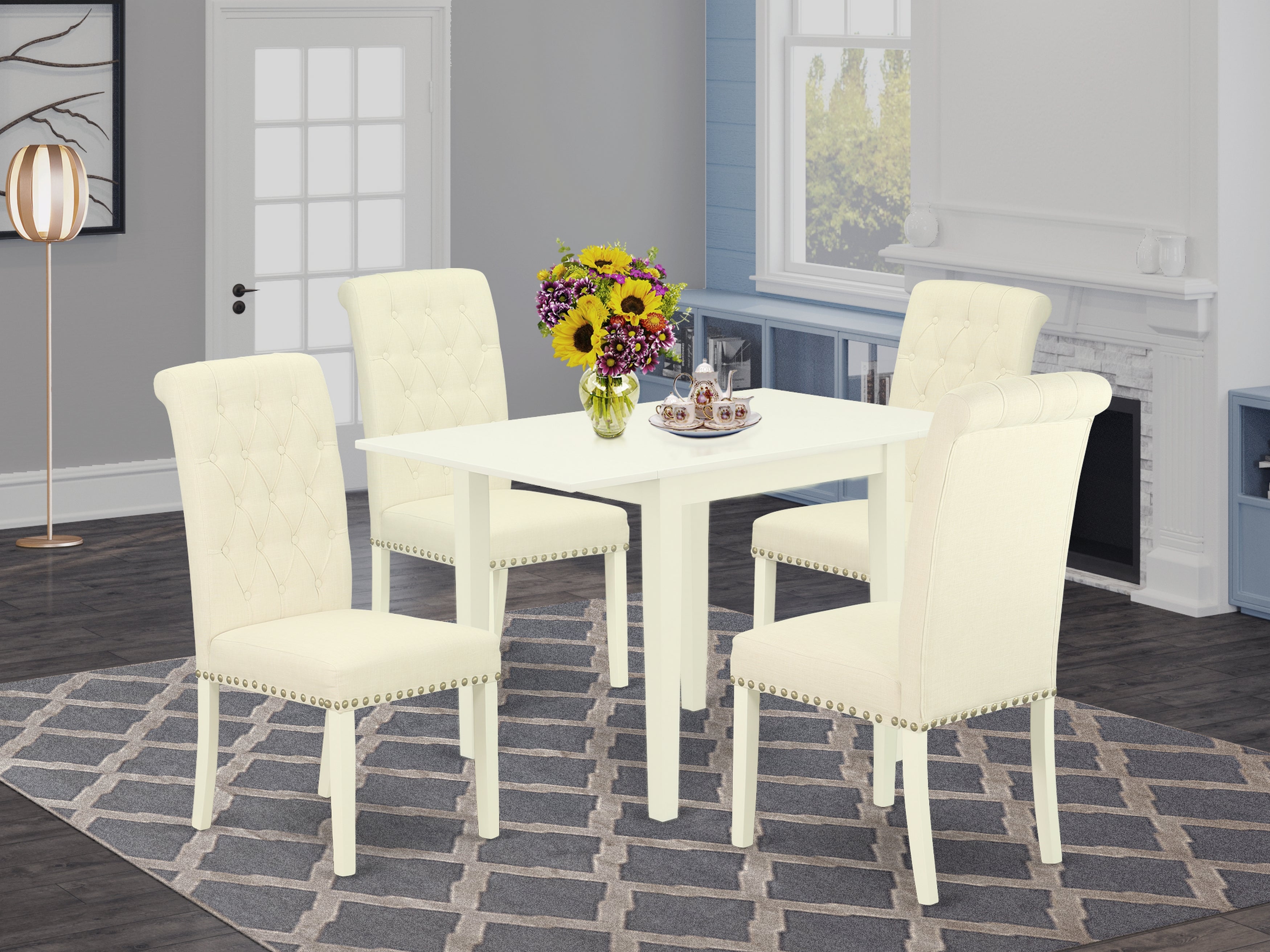 East West Furniture NDBR5-LWH-02 Wooden Dining Table Set 5 Pc - Four Dining Room Chairs and a Dining Room Table - Linen White Finish Solid wood - Light Beige Color Linen Fabric