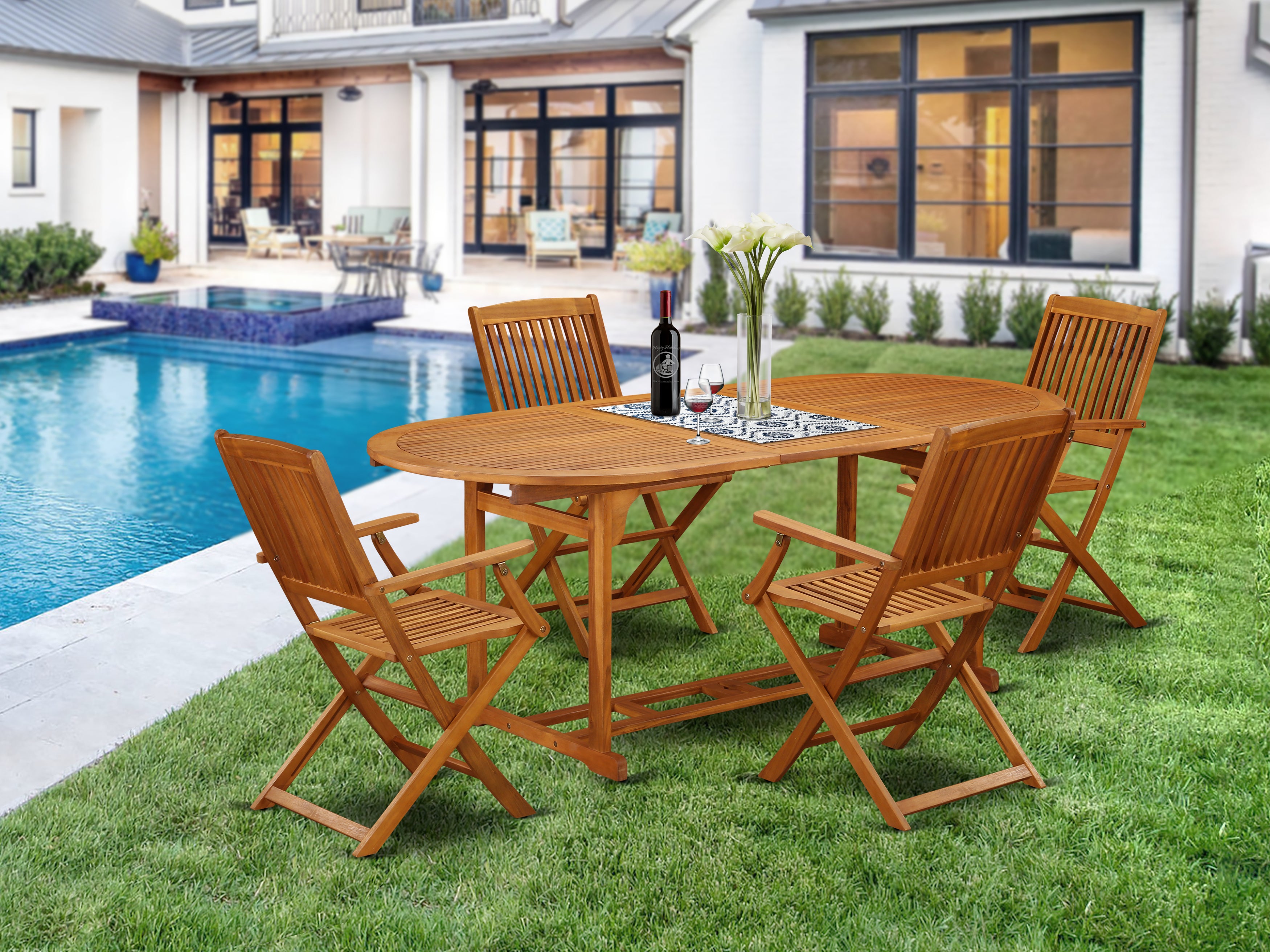 BSCM5CANA This 5 Pc Acacia Backyard Sets provides you one Outdoor-Furniture table and four patio dining chairs