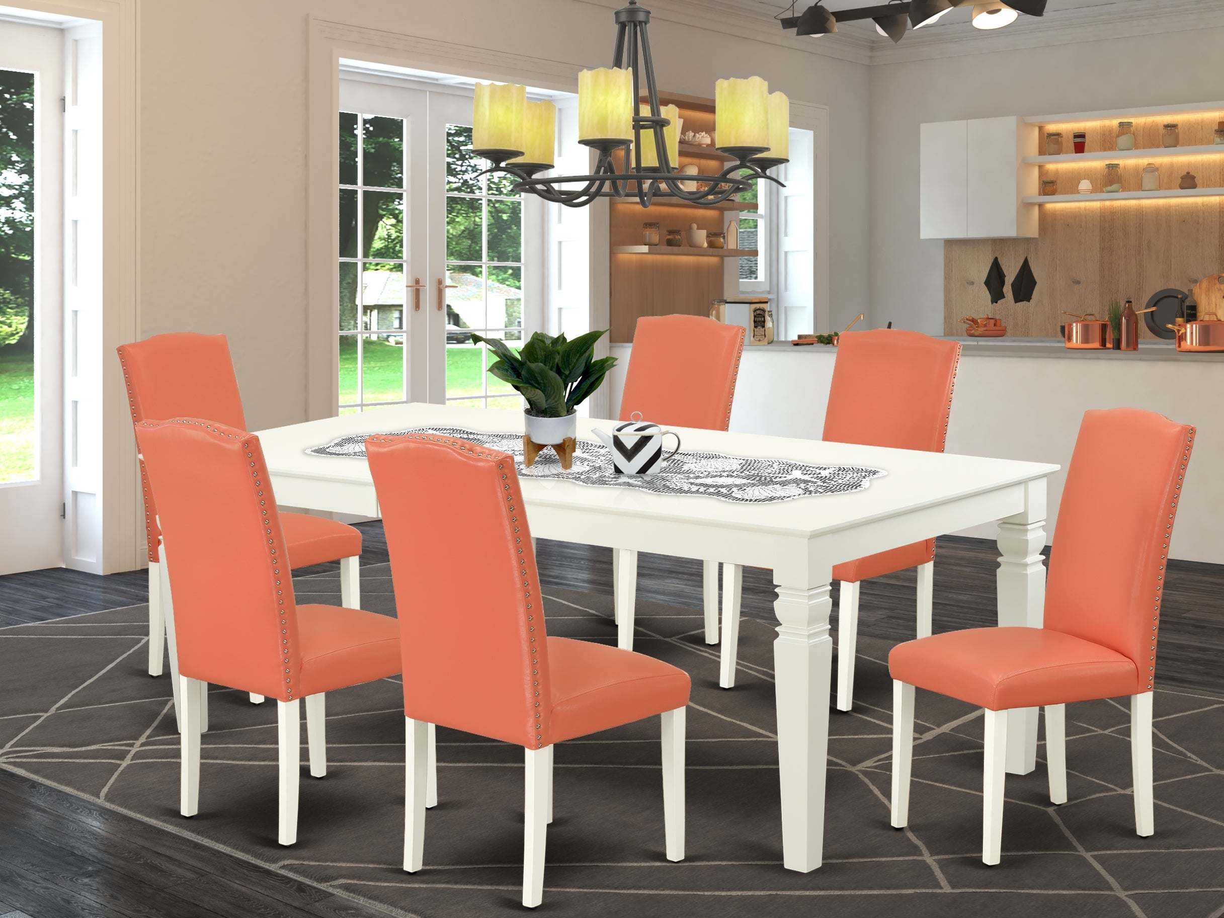 LGEN7-LWH-78 7Pc Rectangle 66/84" Kitchen Table With 18 In Self Storing Butterfly Leaf And Six Parson Chair With Linen White Leg And Pu Leather Color Pink Flamingo