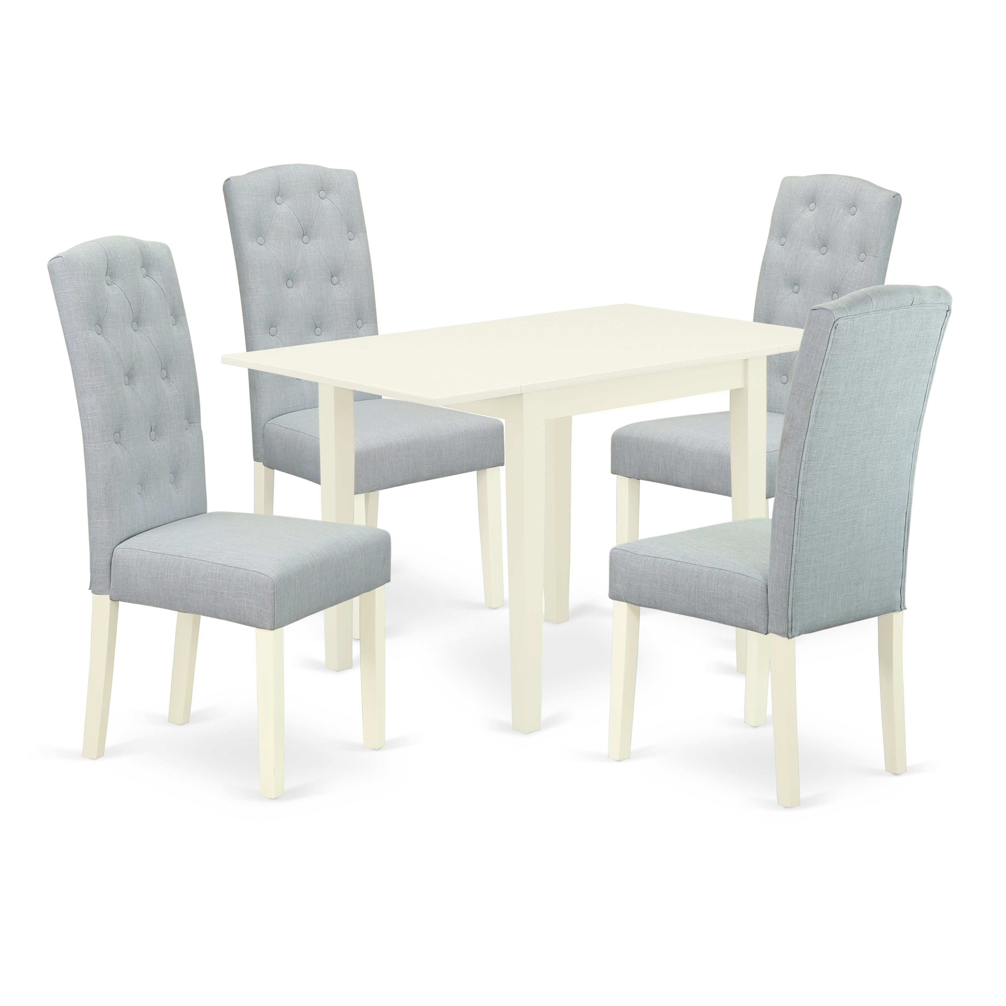 East West Furniture NDCE5-LWH-15 Dining Set 5 Pc - 4 Chairs For Dining Room and a wood dining table - Linen White Finish Solid wood - Baby Blue Color Linen Fabric