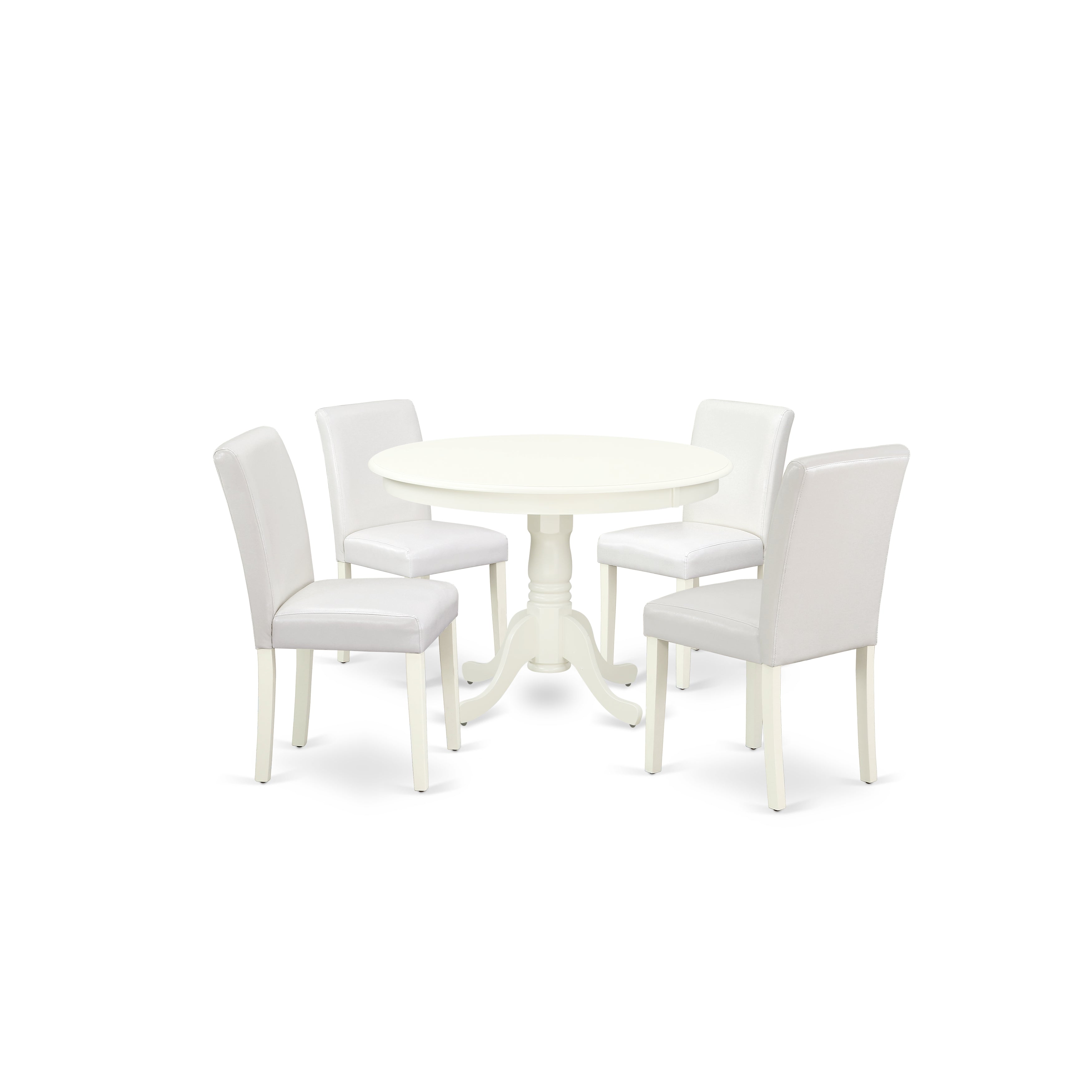HLAB5-LWH-64 5Pc Round 42 Inch Dinette Table And Four Parson Chair With Linen White Leg And Pu Leather Color White