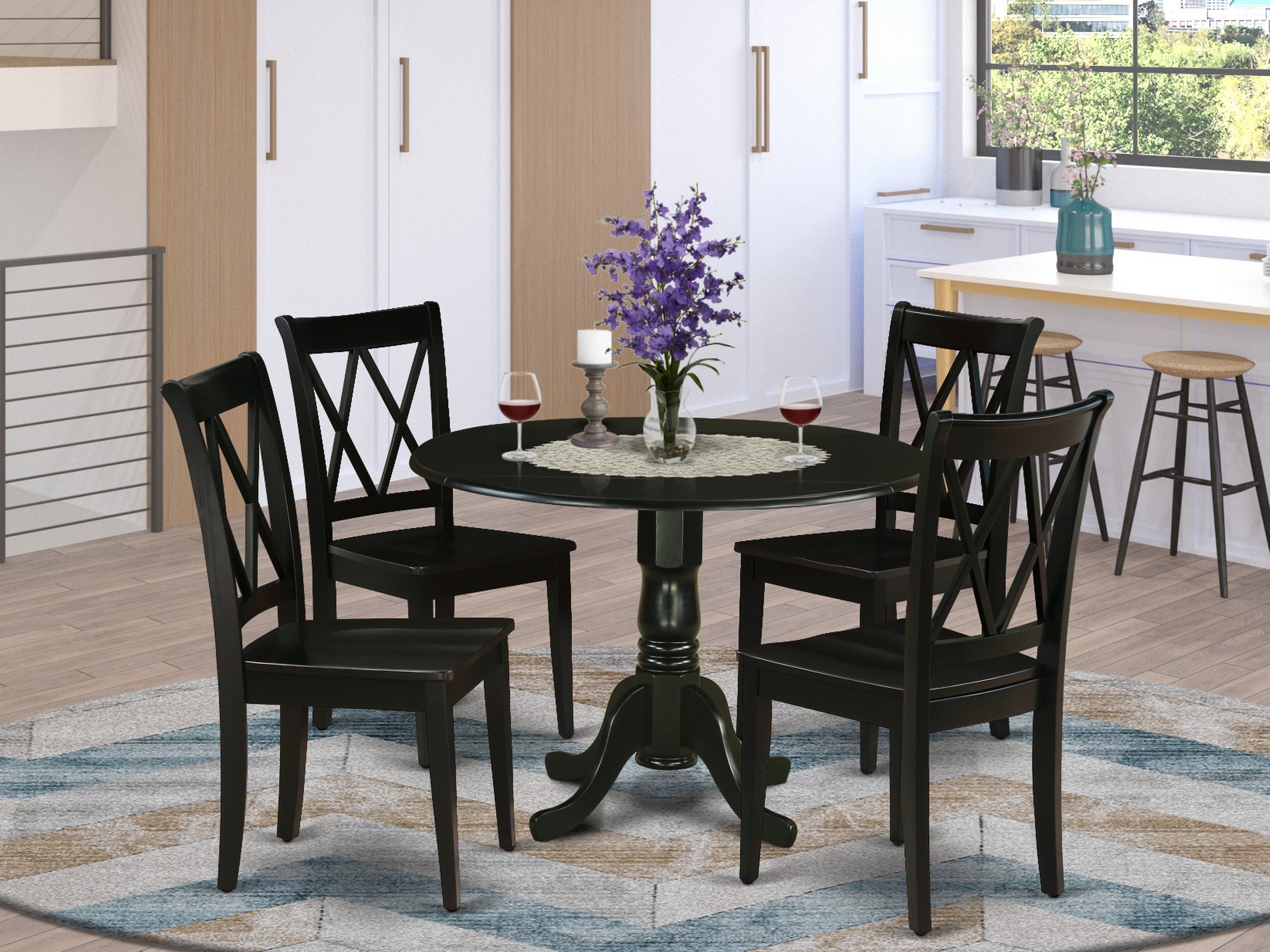 DLCL5-BLK-W 5Pc Round 42" Dining Room Table With Two 9-Inch Drop Leaves And Four Wood Seat Chairs