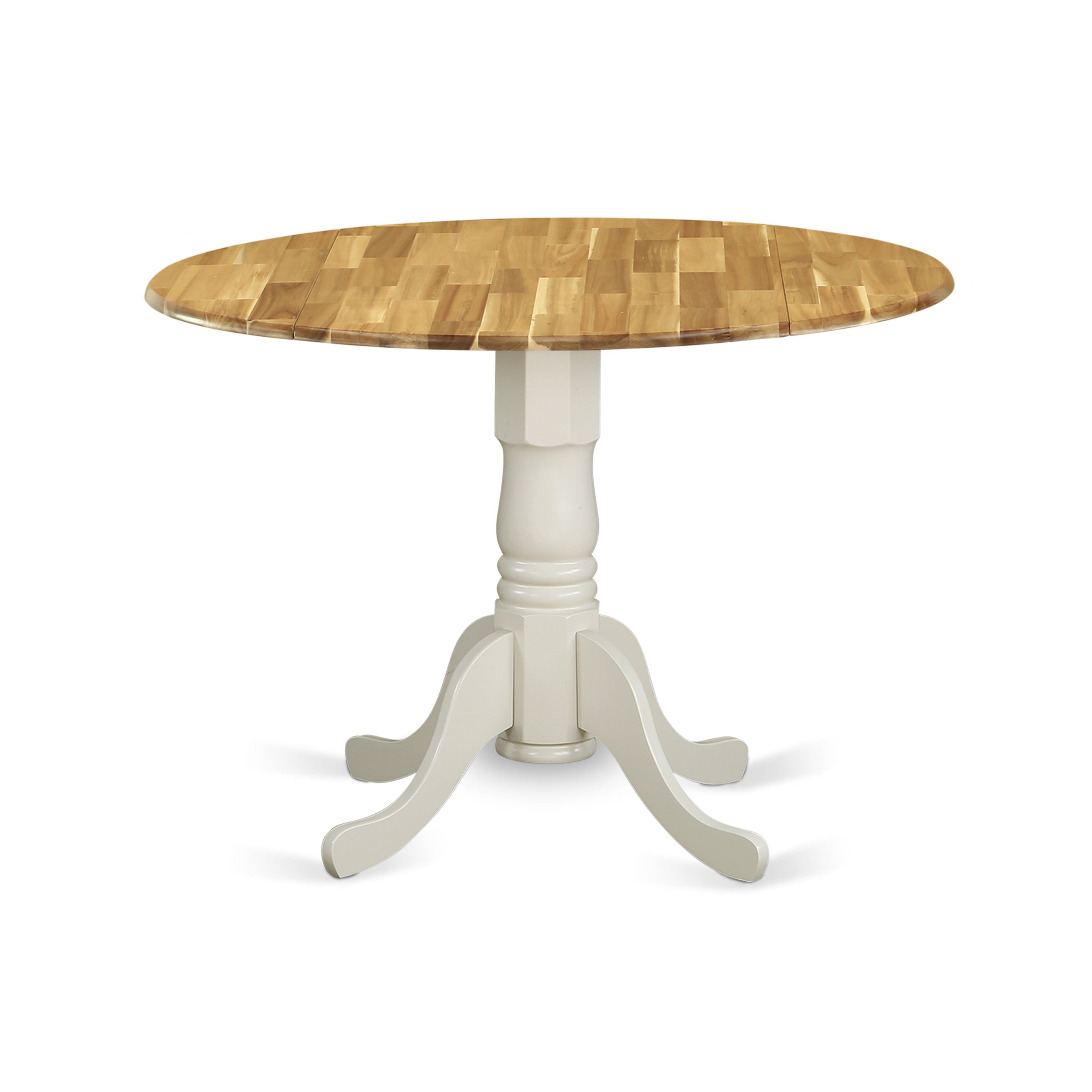 DMT-NLW-TP Dublin Dining Table Made of Acacia Wood offering Wood Texture with Two 9 Inch Drop Leaves, 42 Inch Round, Linen White Pedestal