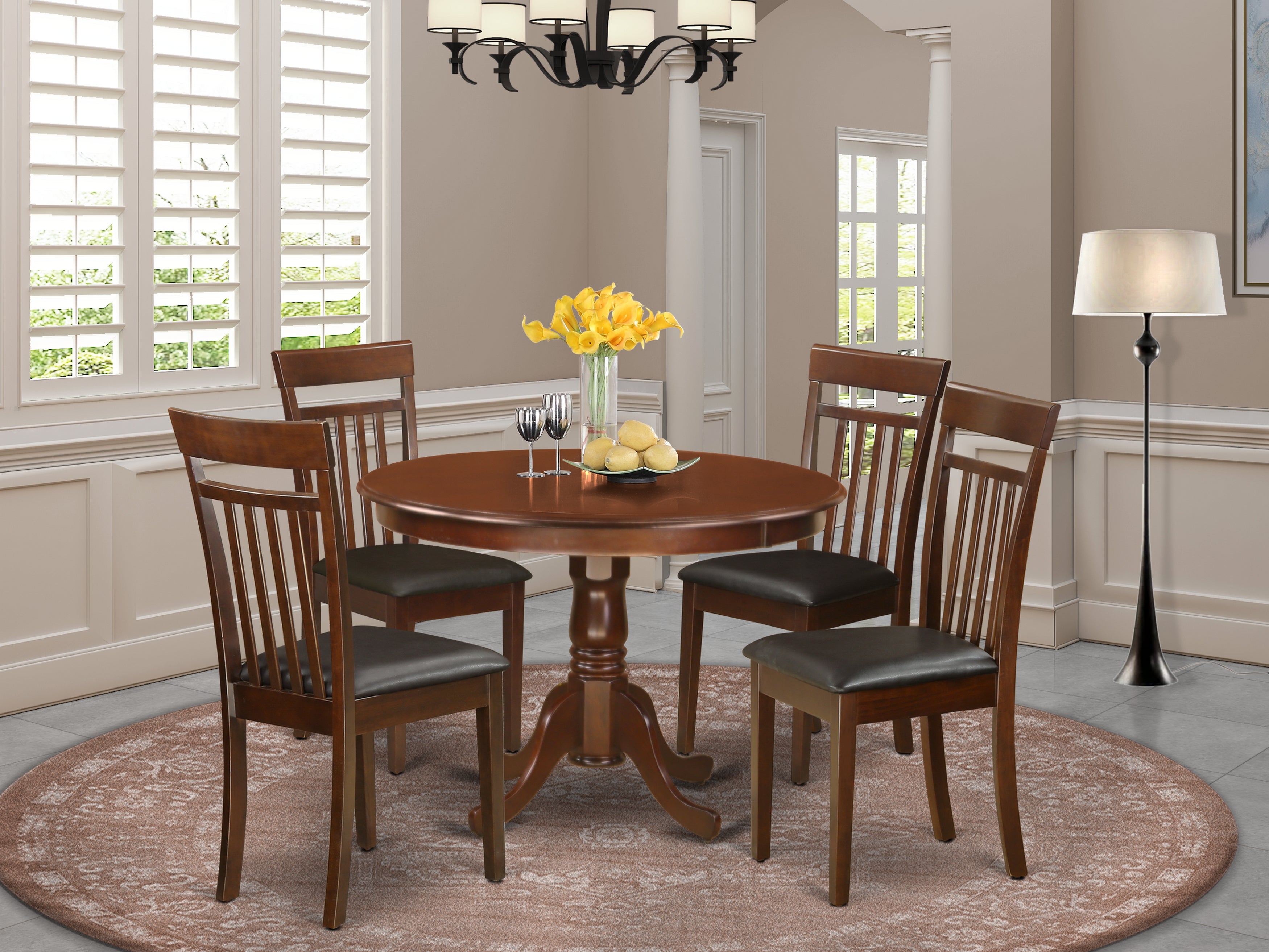 HLCA5-MAH-LC 5 Pc set with a Round Table and 4 Leather Dinette Chairs in Mahogany