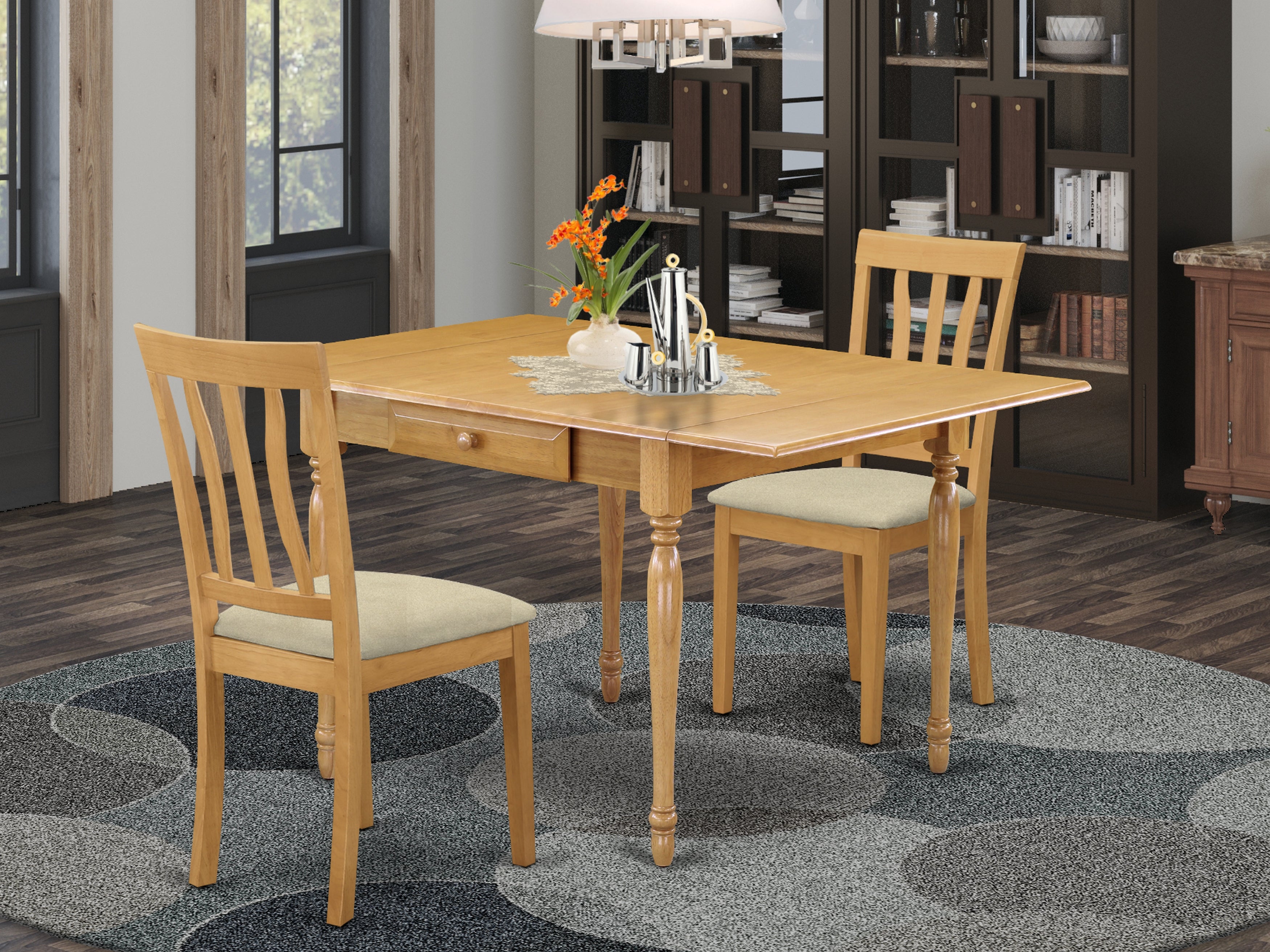 East West Furniture MZAN3-OAK-C 3Pc Dining Room Table Set Includes a Dining Table and 2 Dining Chairs with Microfiber Upholstery Seat, Drop Leaf Table with Slat Back Chairs, Oak Finish