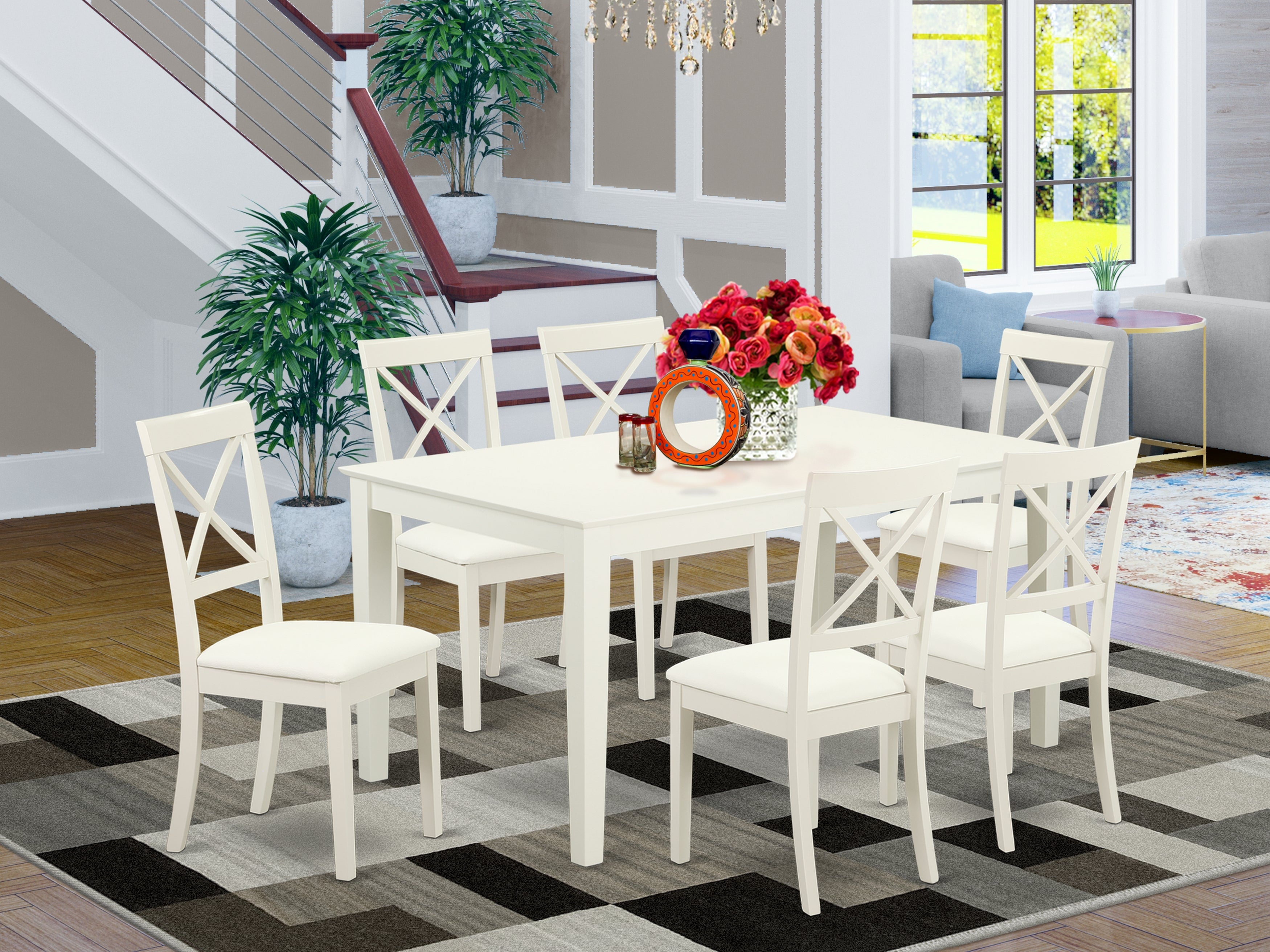 CABO7-LWH-LC 7 Piece dining room Set for 6 set-Dining table and 6 Dining Chairs in Linen White