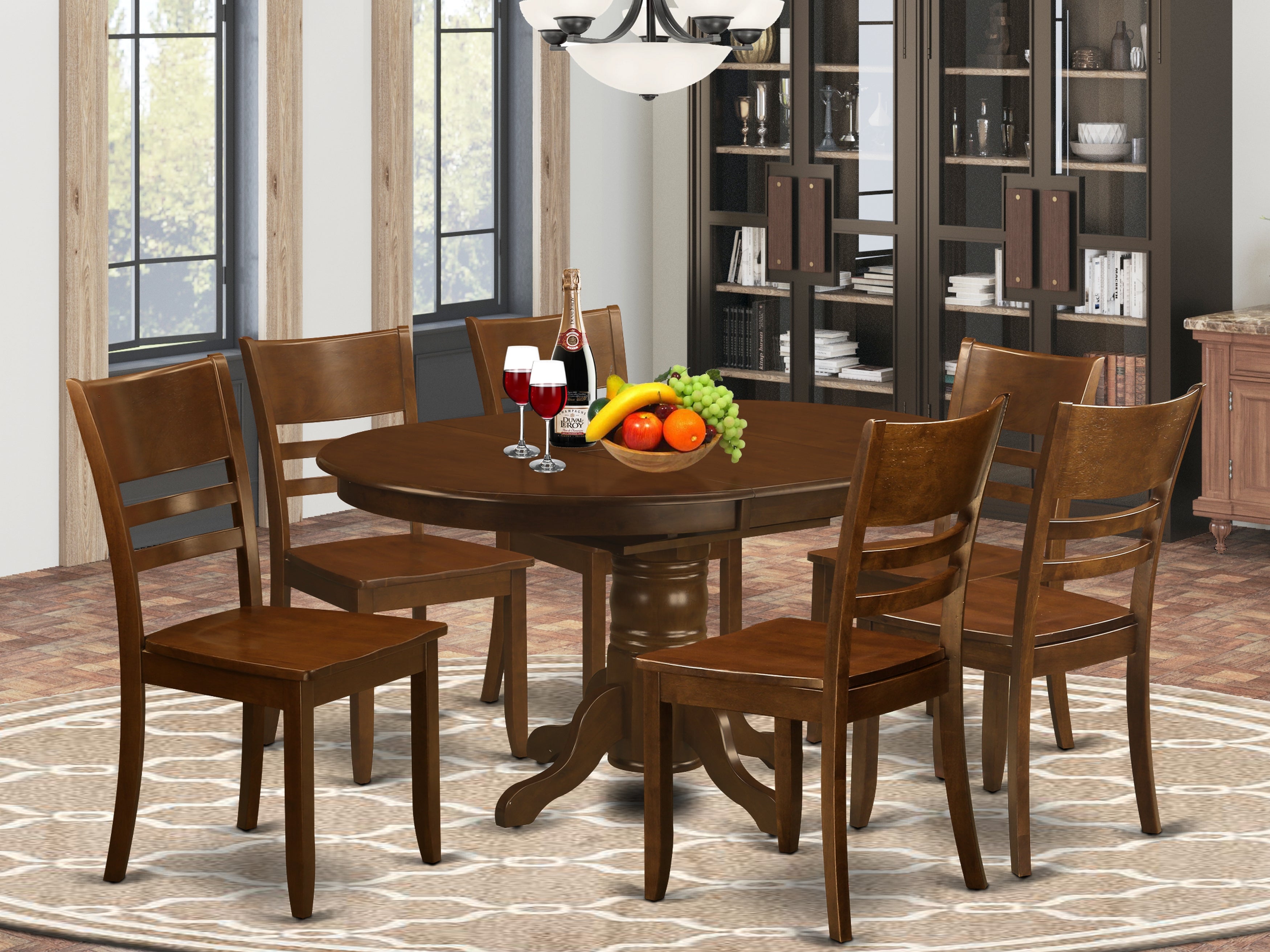 KELY7-ESP-W 7 Pc Kenley Dining Table with a 18" Leaf and 6 hard wood Kitchen Chairs in Espresso .