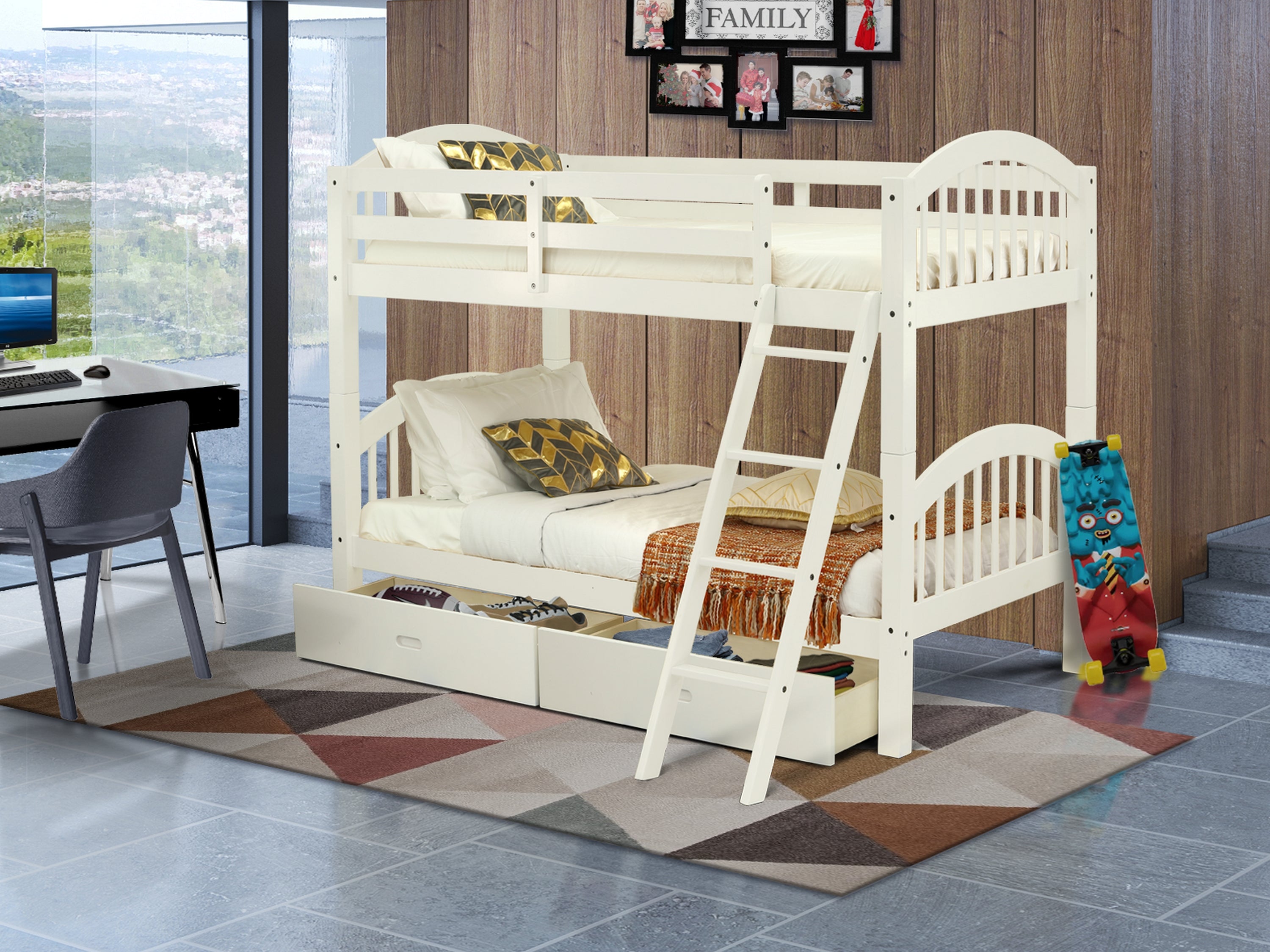 East West Furniture Verona Twin Bunk Bed in White Finish with Under Drawer