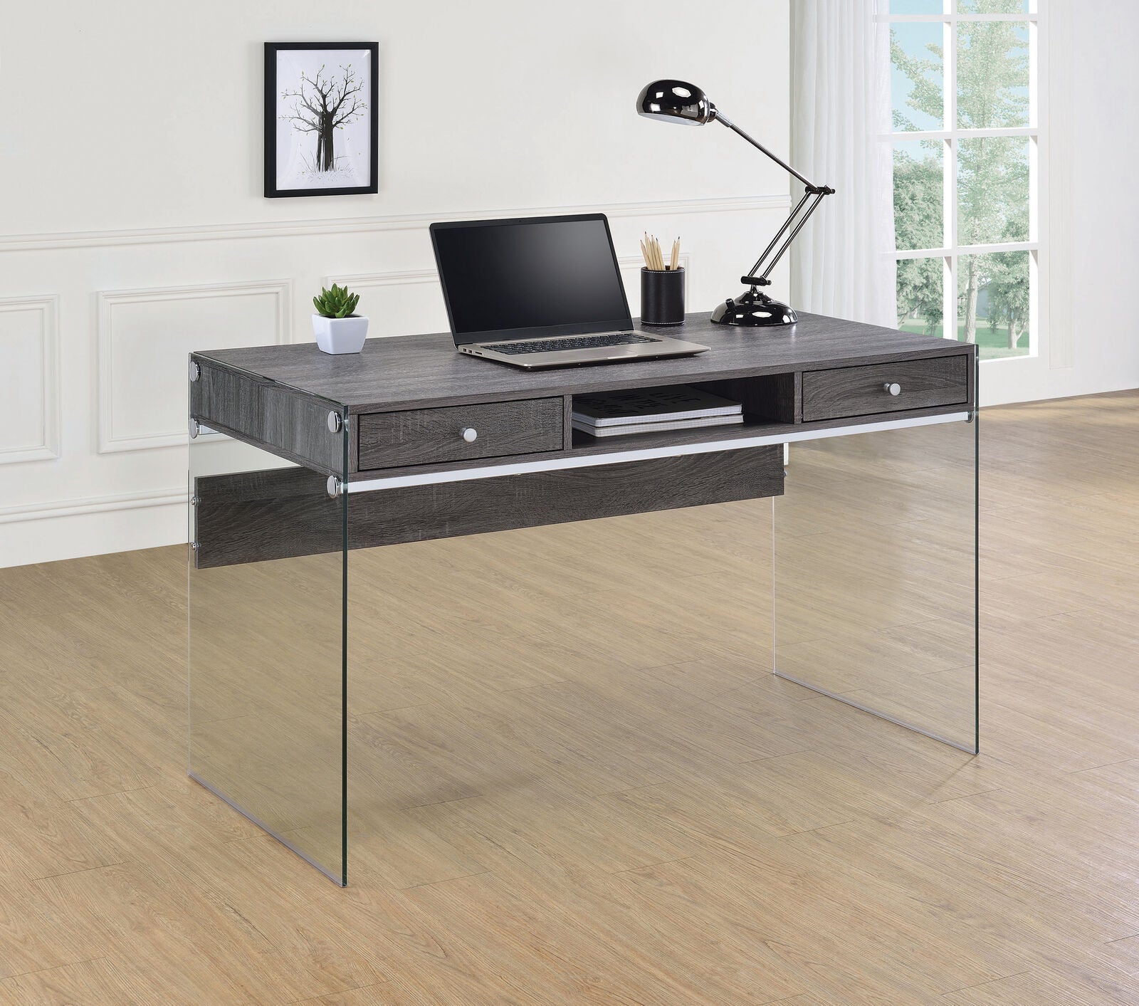 Dobrev 2-DrawerHome Office Writing Desk Weathered Grey And Clear