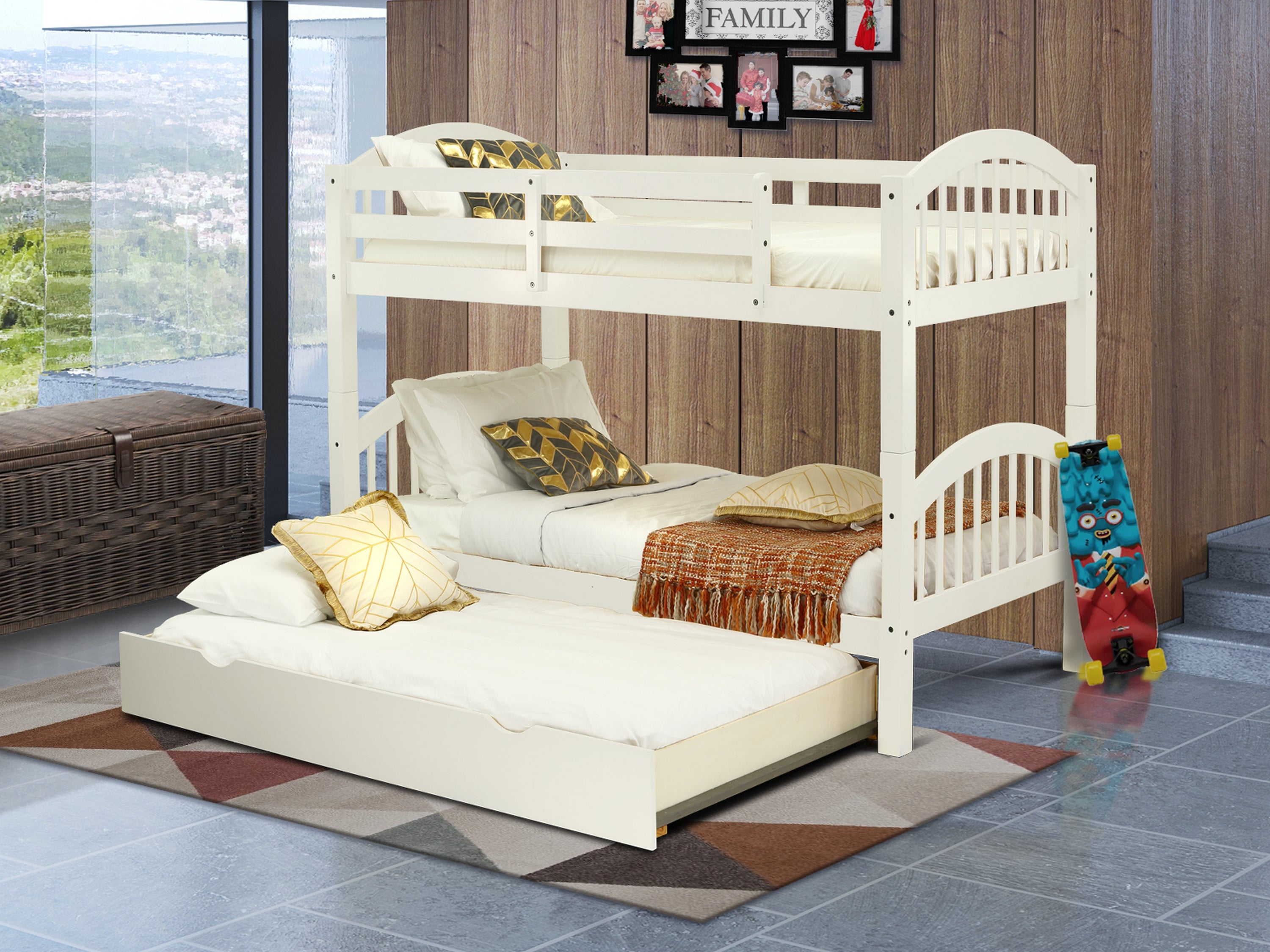 East West Furniture Verona Twin Bunk Bed in White Finish with Convertible Trundle & Drawer