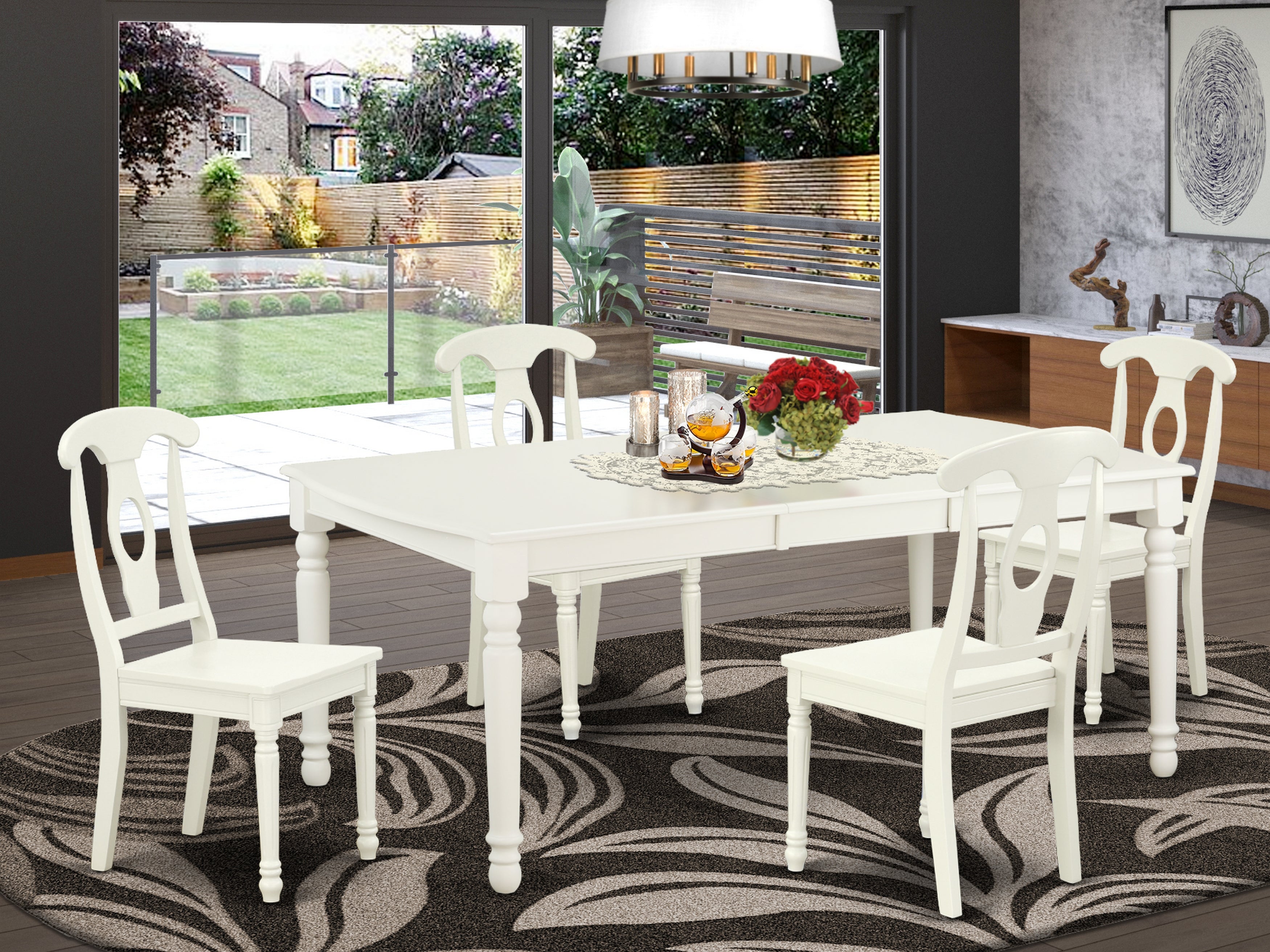 DOKE5-LWH-W 5PC Rectangular 60/78 inch Table with 18 In Leaf and 4 Panel Back Chairs