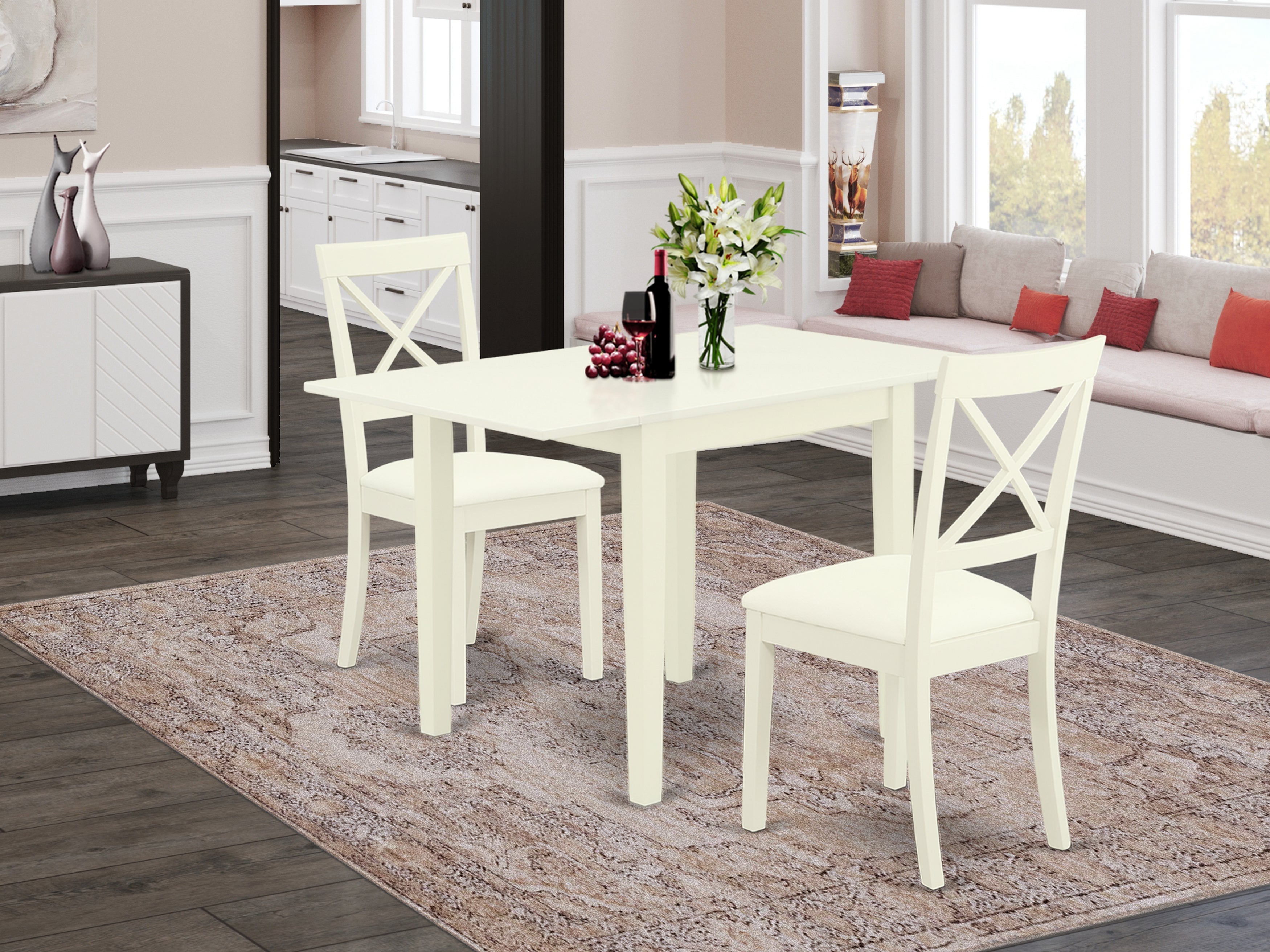 East West Furniture NDBO3-LWH-LC Dining Set 3 Piece - Two Great Kitchen Chairs - an Elegant Wood Dining Table - Linen White Color Faux Leather - Linen White Finish Wooden Frame