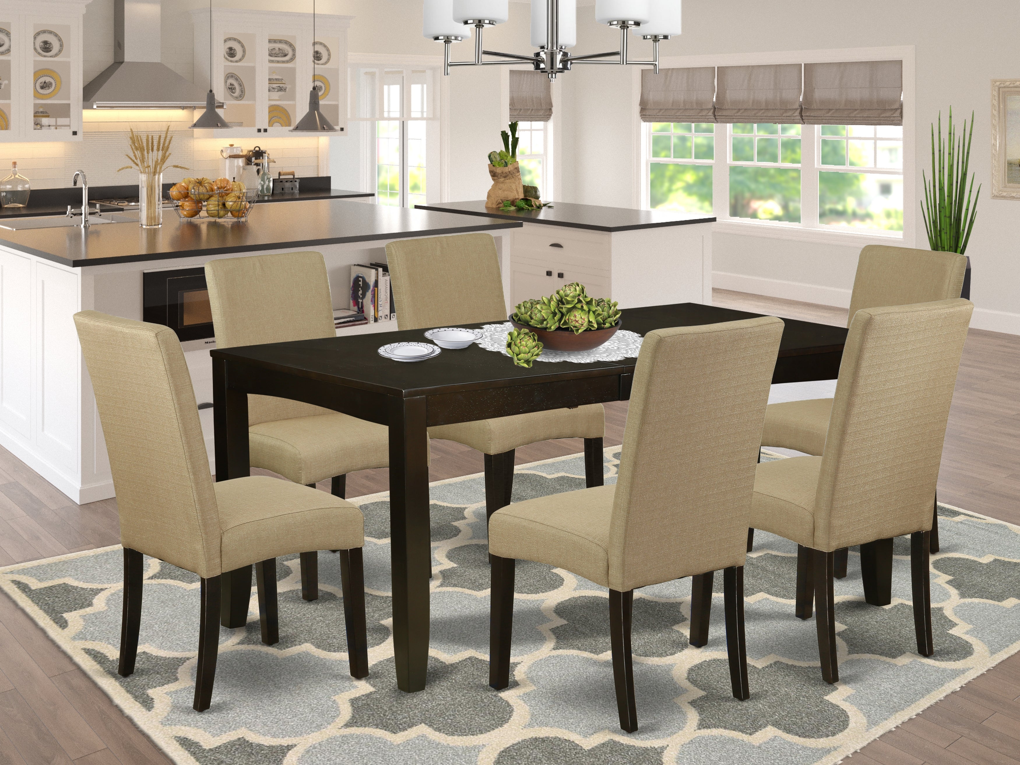 LYDR7-CAP-03 6Pc Rectangular 48/60" Table And Six Parson Chair With Cappuccino Finish Leg And Linen Fabric- Brown Color