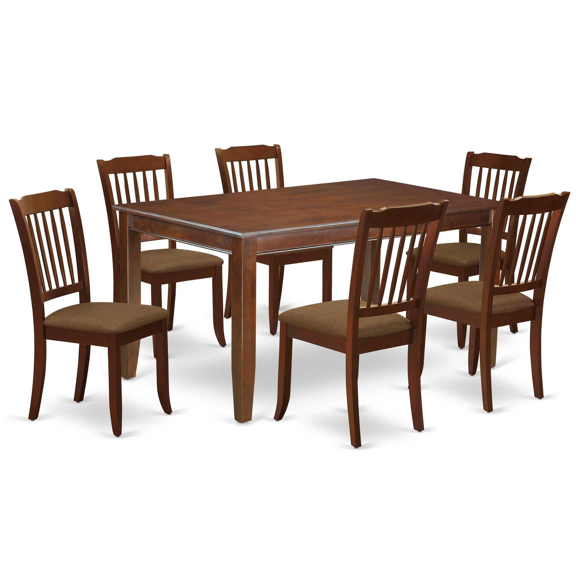 DUDA7-MAH-C 7Pc Dinette Set Includes a Rectangular Kitchen Table and Six Vertical Slatted Microfiber Seat Dining Chairs, Mahogany Finish