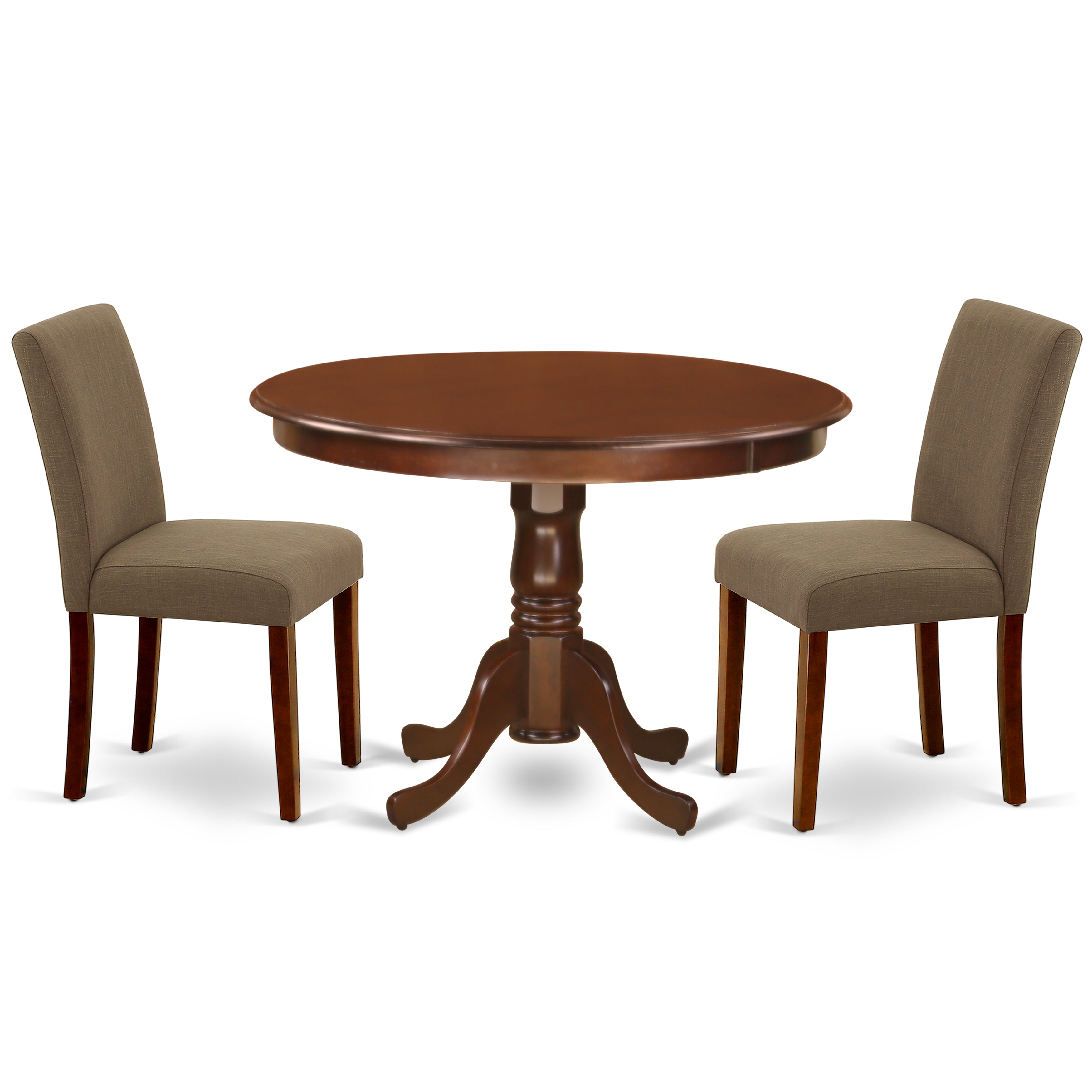 HLAB3-MAH-18 3Pc Round 42 Inch Kitchen Table And 2 Parson Chair With Mahogany Leg And Linen Fabric Coffee