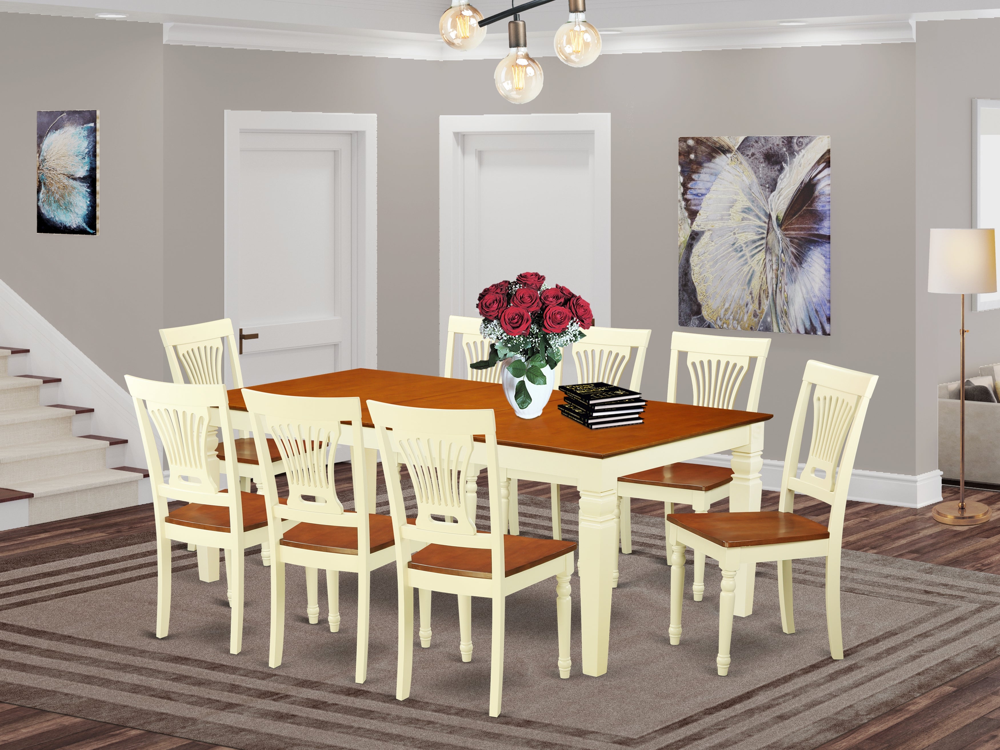 LGPL9-BMK-W 9 Pc Dinette Table set with a Dining Table and 8 Kitchen Chairs in Buttermilk and Cherry