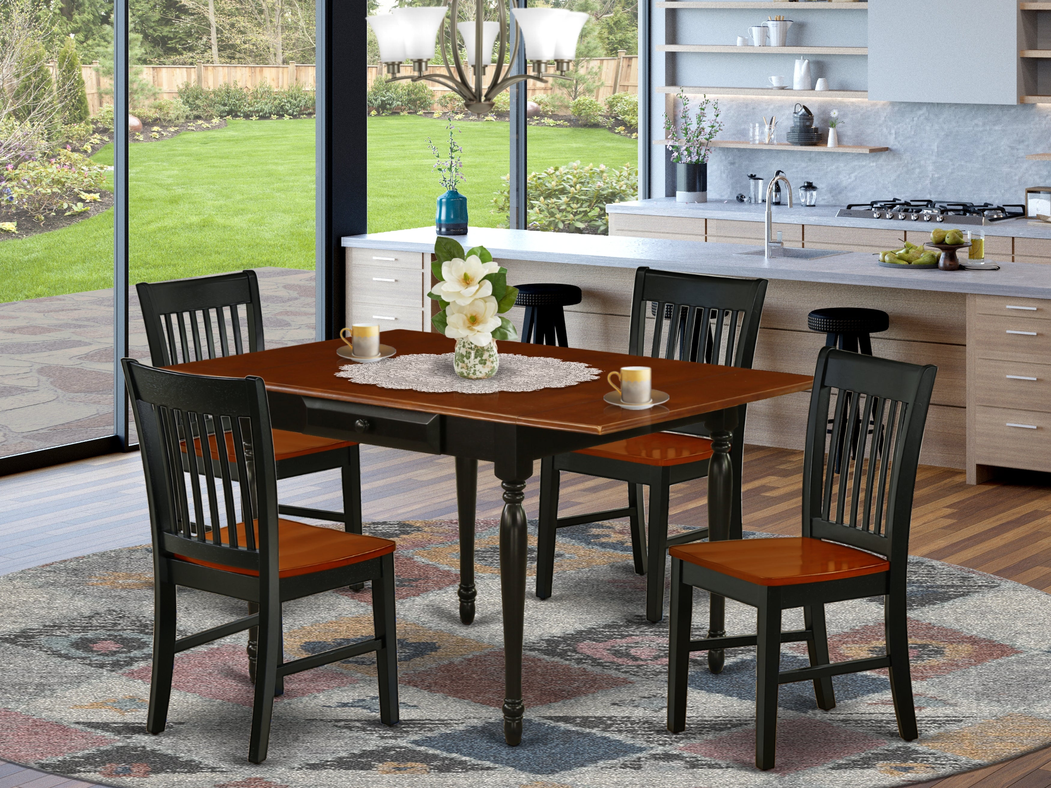 East West Furniture MZNO5-BCH-W 5 Pieces Dining Room set - Durable Two 9-Inch Drop Down Leaves Hardwood Wood Dining Table and 4 Real Wood Seat Kitchen Chairs, Black and Cherry Finish