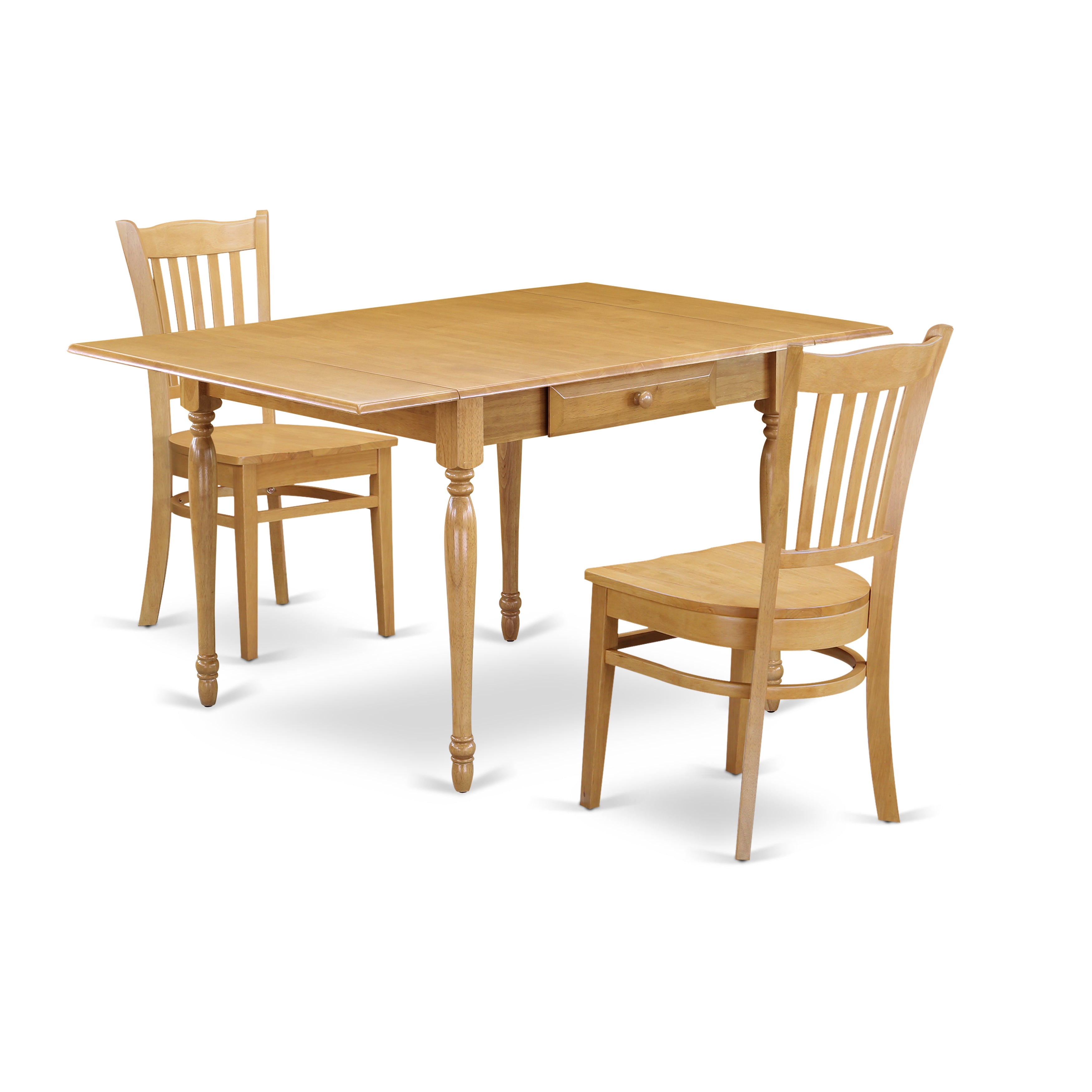 East West Furniture MZGR3-OAK-W 3 Pc Kitchen Dining Table set - Durable Two 9-Inch Drop Down Leaves Solid Wood Dining Table and 2 Solid Wood Seat Dinette Chairs, Oak Finish