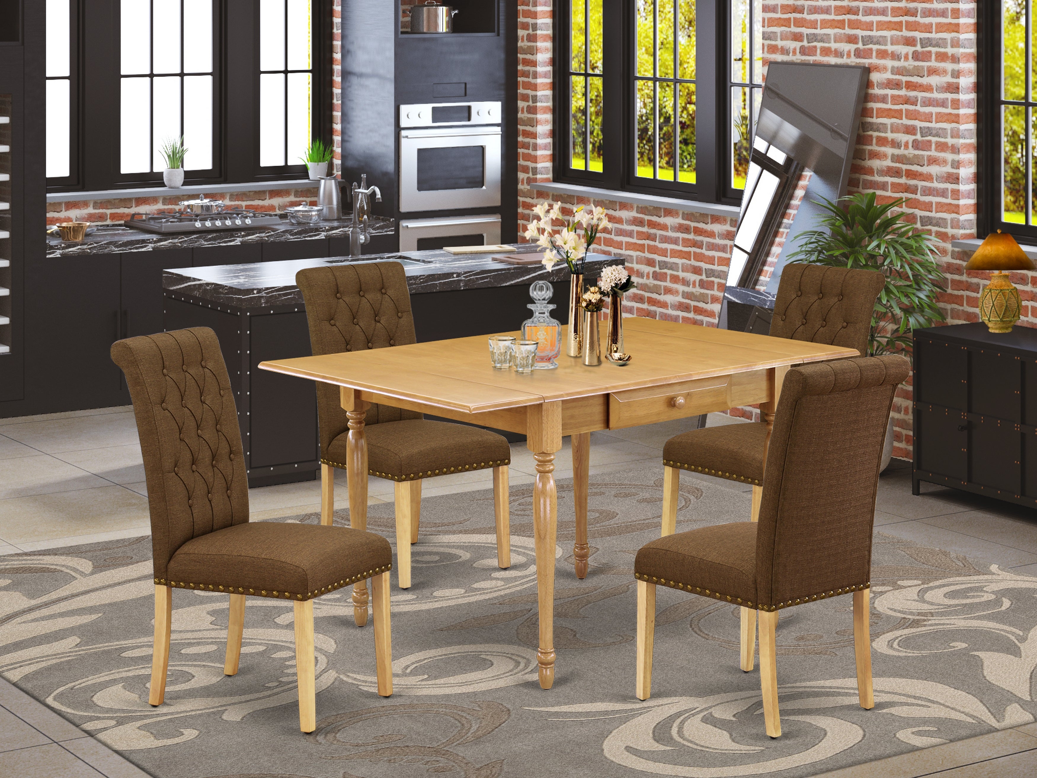 East West Furniture MZBR5-OAK-18 5Pc Kitchen Set for 4 Includes a Small Dining Table and 4 Parsons Chairs with Dark Coffee Color Linen Fabric, Drop Leaf Table with Full Back Chairs, Oak Finish