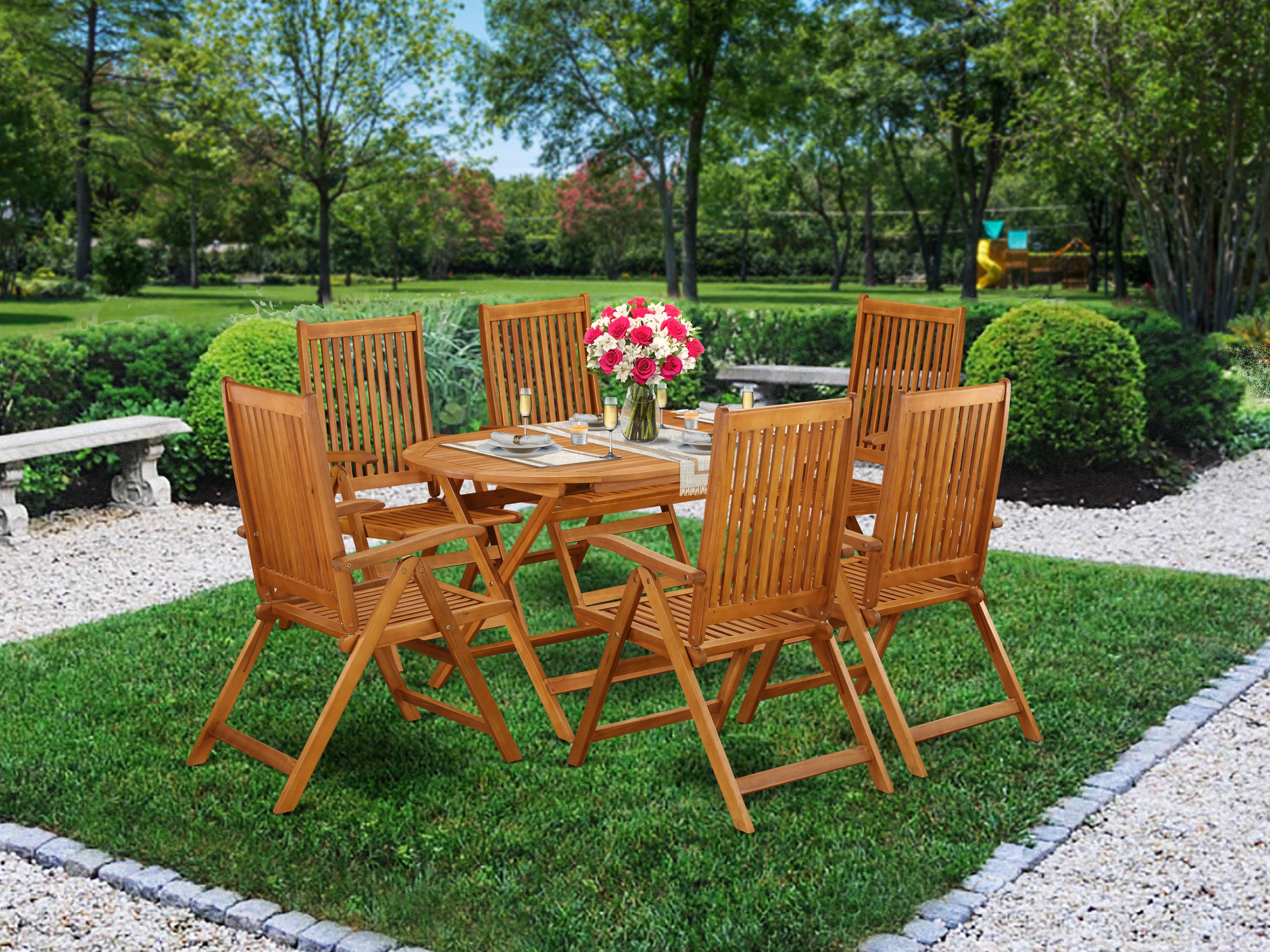 DICN7NC5N This 7 Pc Acacia Wood Balcony Sets offers a single Outdoor-Furniture table and Six foldable Outdoor-Furniture chairs