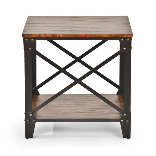 Winston Square Distressed Tobacco Wood and Metal End Table