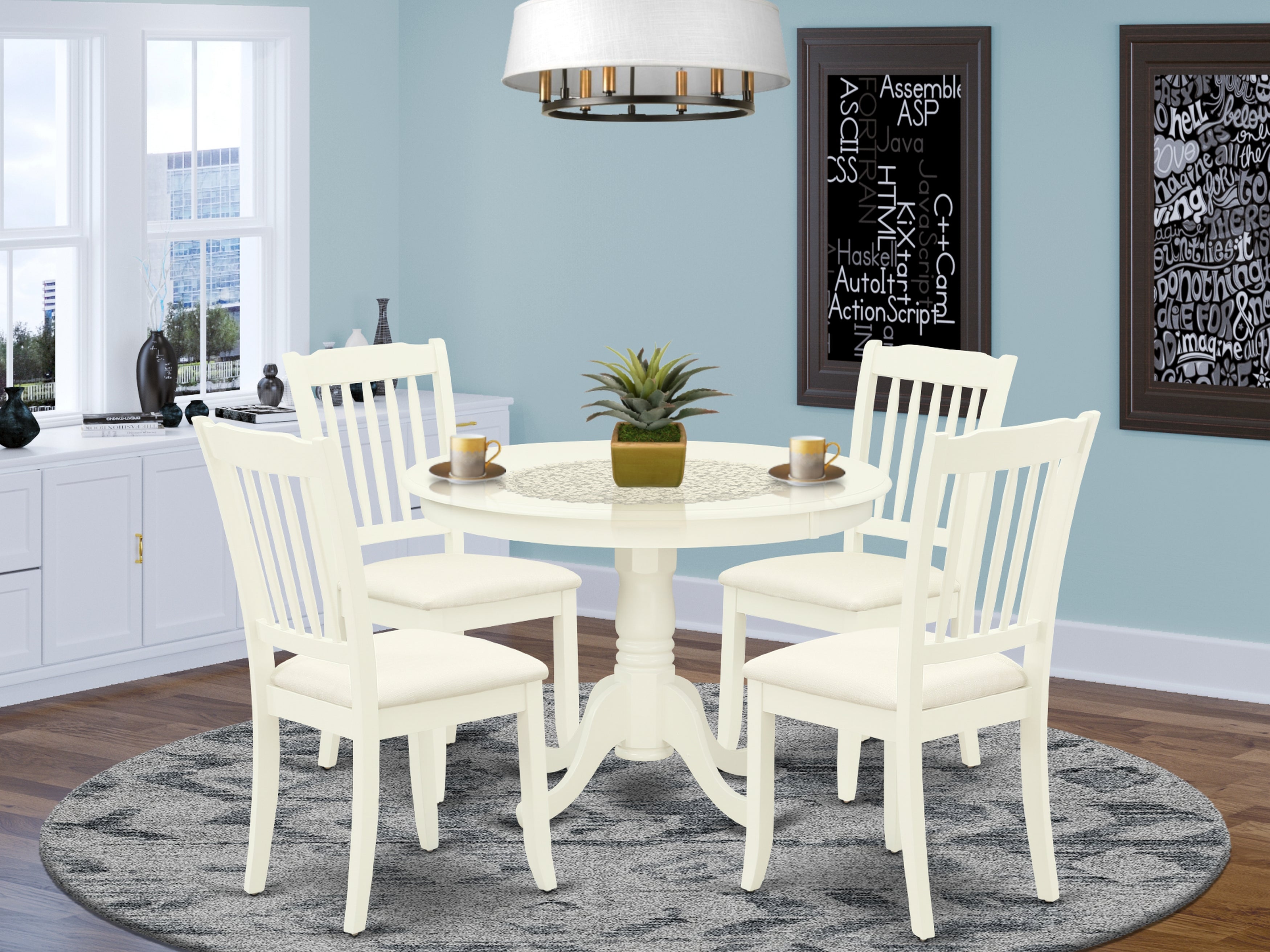 HLDA5-LWH-C 5Pc Dining Set Includes a Round Dinette Table and Four Vertical Slatted Microfiber Seat Kitchen Chairs, Linen White Finish