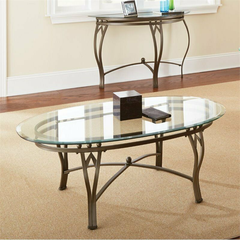 Madrid Oval Pewter Metal Coffee Occasional Table With Glass Top