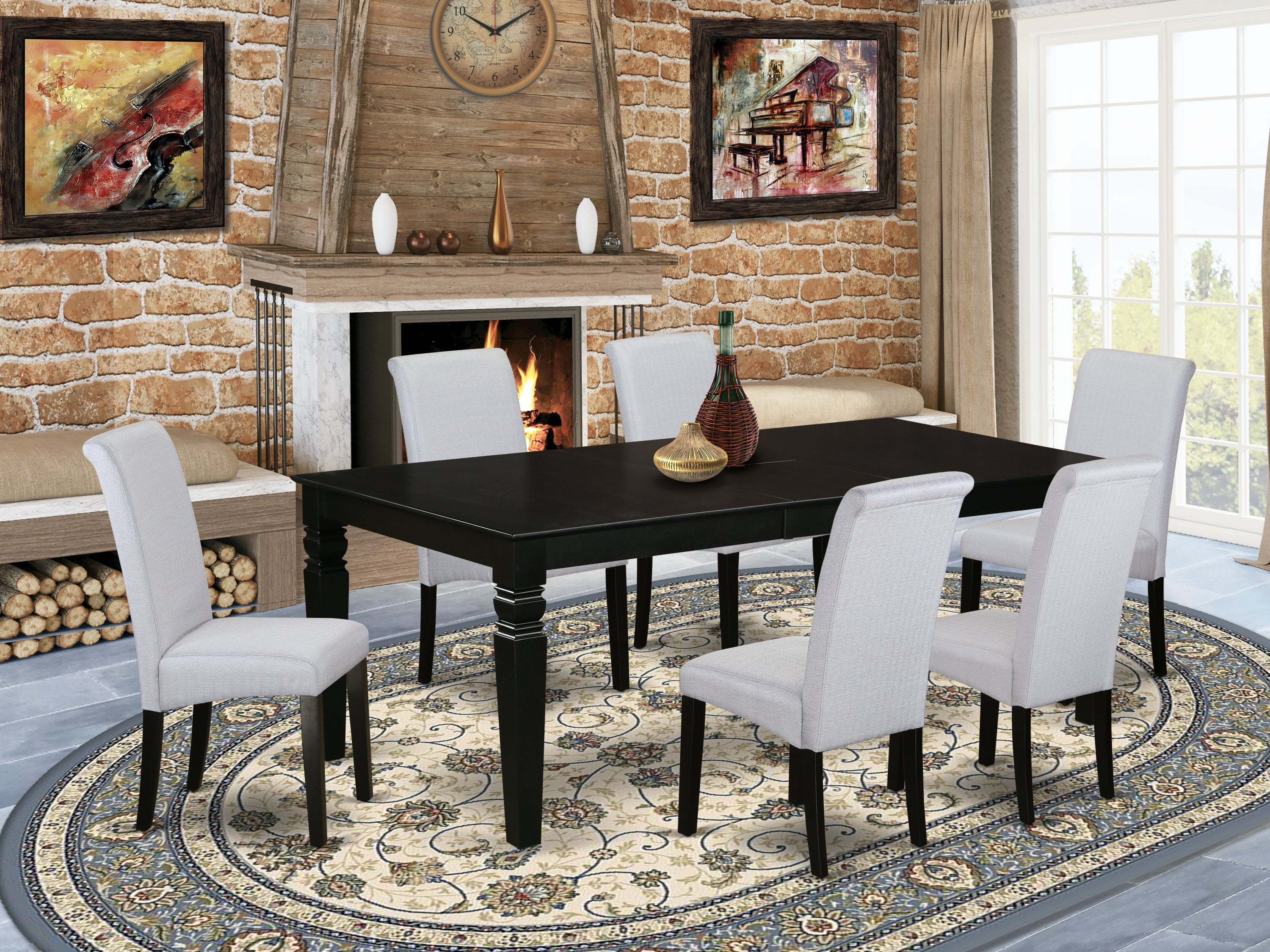 LGBA7-BLK-05 7Pc Dining table with linen grayish blue fabric dining chairs with black chair legs