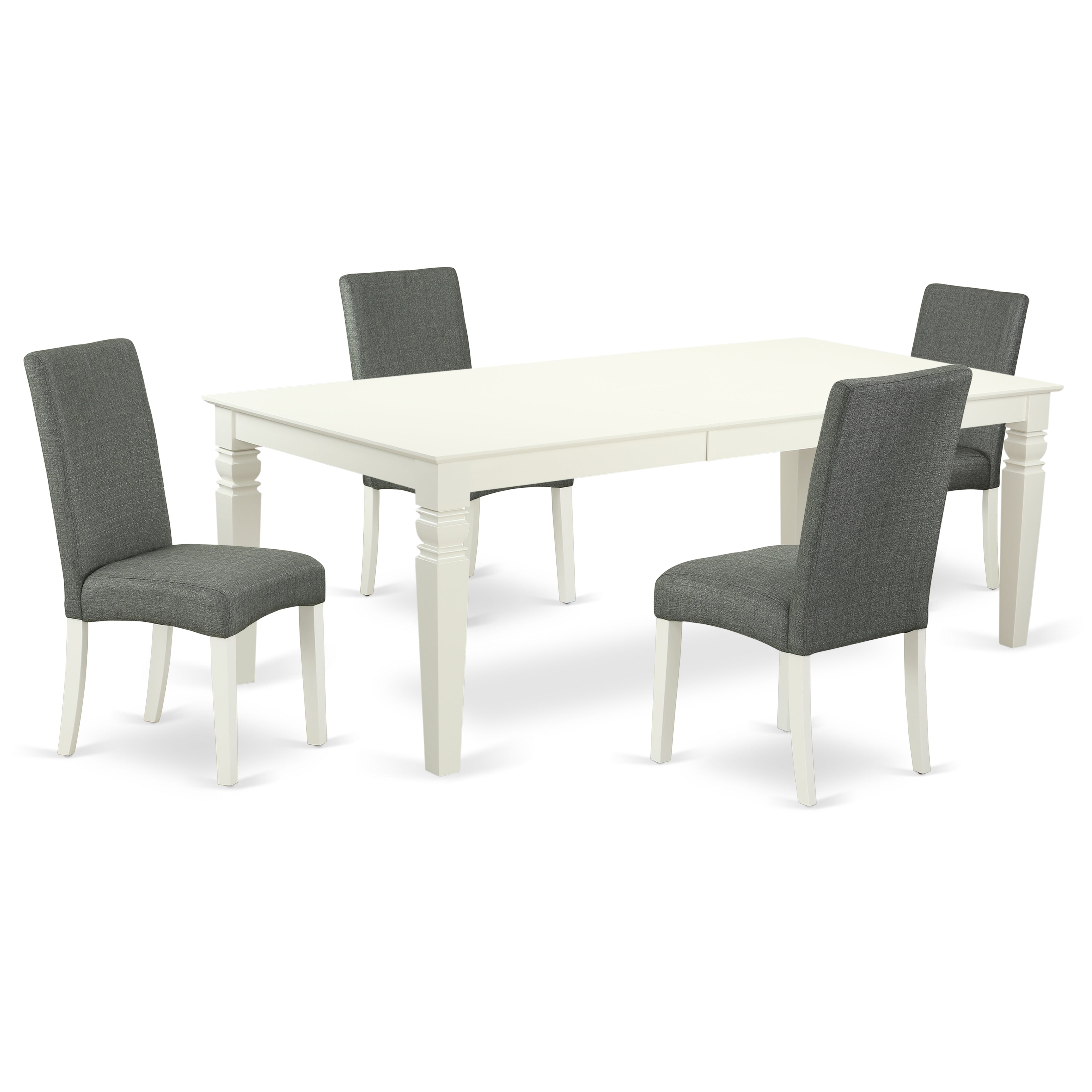 LGDR5-LWH-07 5Pc Rectangular 66/84 Inch Table With 18 In Leaf And Four Parson Chair With Linen White Finish Leg And Linen Fabric- Gray Color
