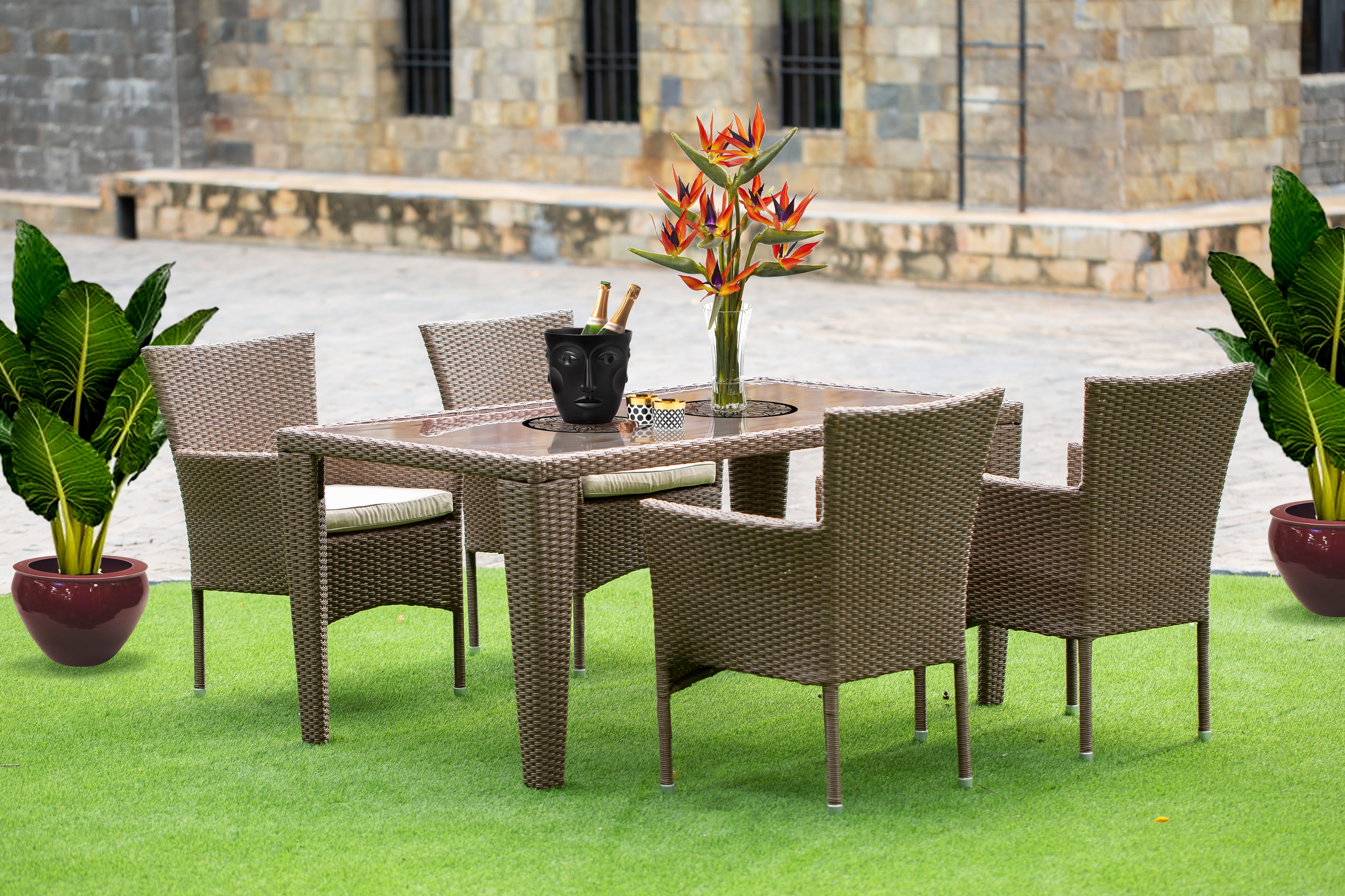 GUBK5-02A 5Pc Outdoor-Furniture Brown Wicker Dining Set Includes a Patio Table and 4 Balcony Backyard Armchair with Linen Fabric Cushion