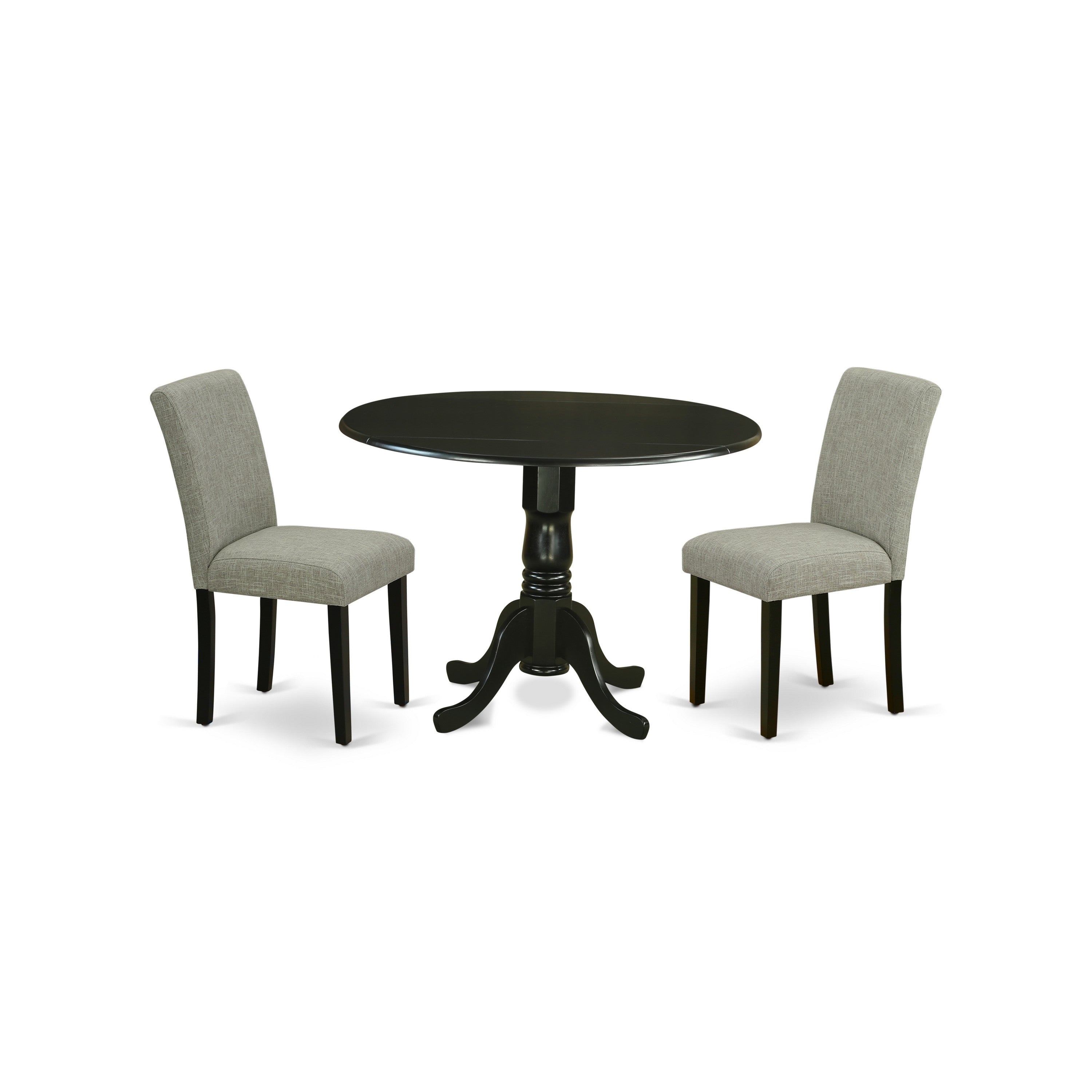 DLAB3-BLK-06 3Pc Round 42" Dining Room Table With Two 9-Inch Drop Leaves And 2 Parson Chair With Black Leg And Linen Fabric Shitake