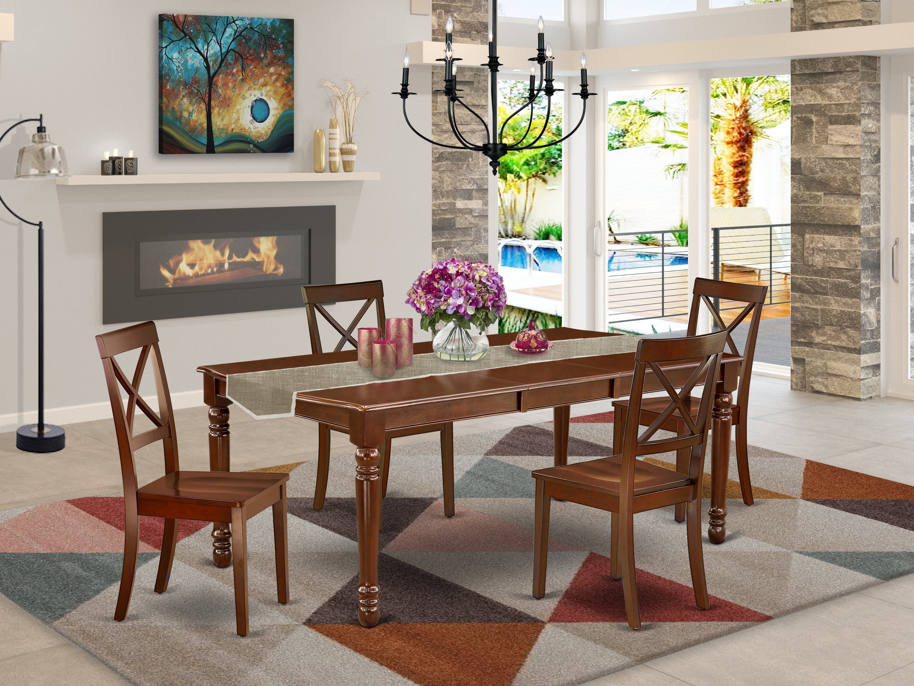 DOBO5-MAH-W 5Pc Rectangle 60/78 Inch Table With 18 In Butterfly Leaf And Four Wood Seat Chairs