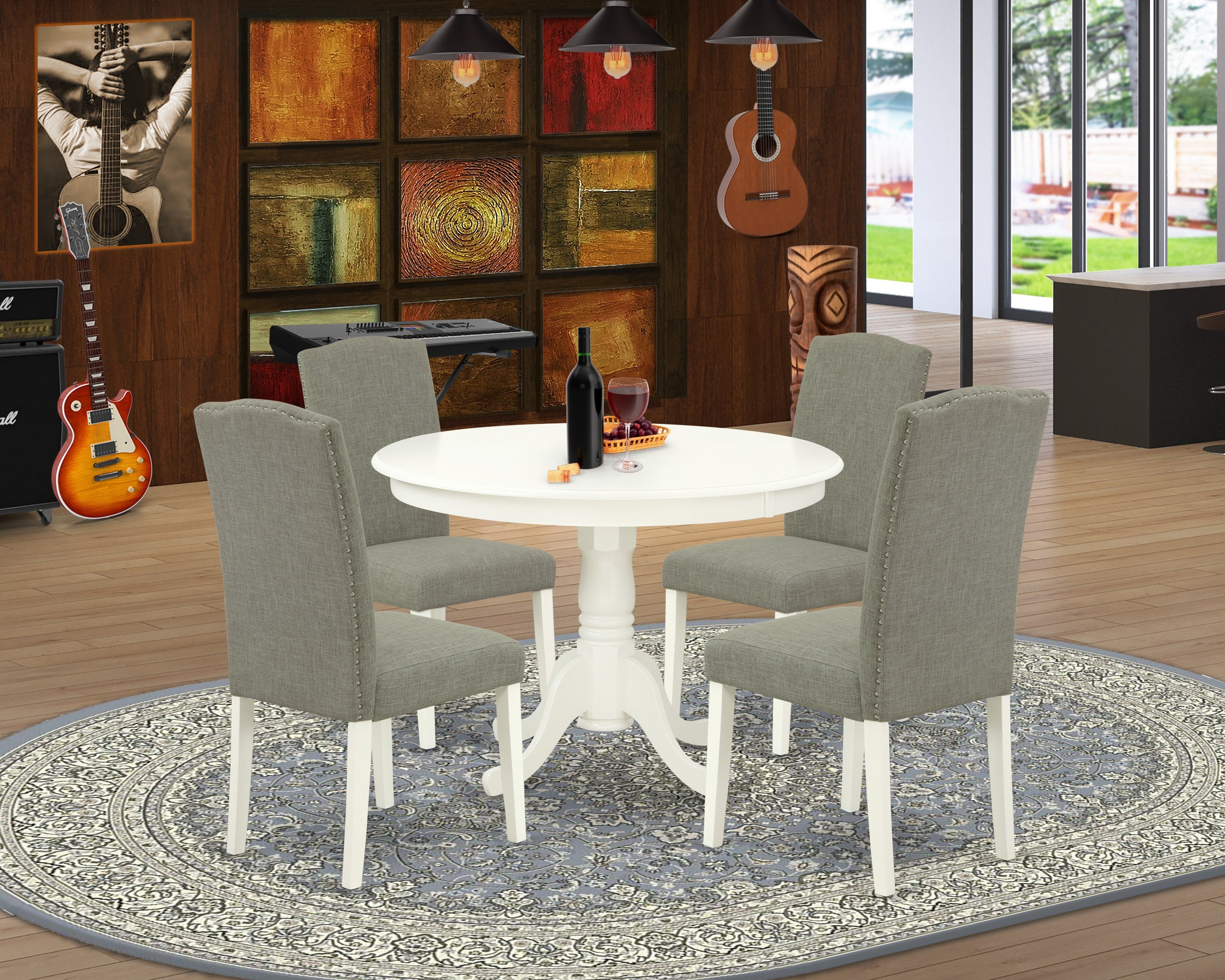 HLEN5-LWH-06 5Pc Round 42 Inch Dinette Table And Four Parson Chair With Linen White Leg And Linen Fabric Dark Shitake