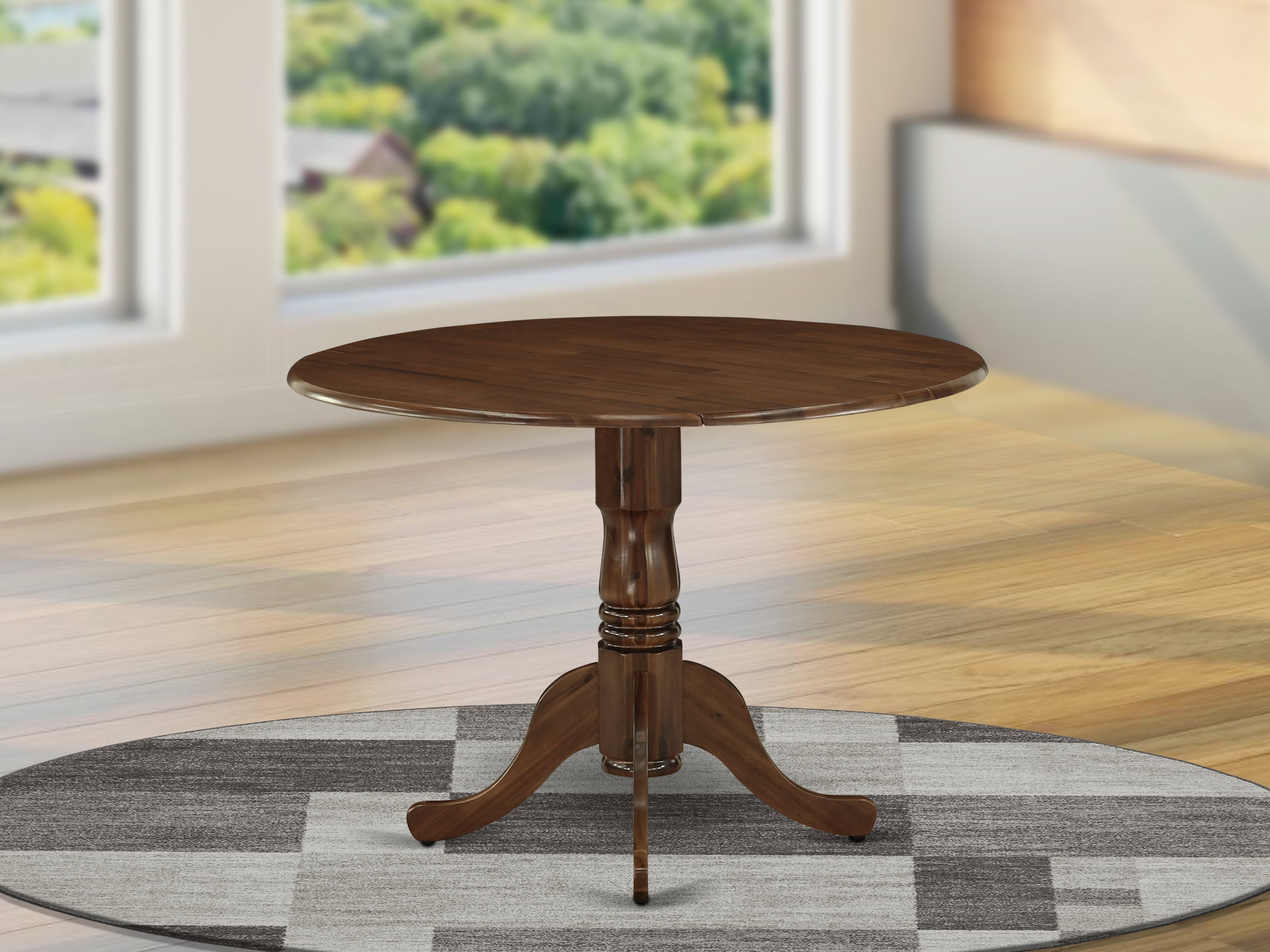 DLT-AWA-TP Dublin Dining Table Made of Rubber Wood with Two 9 Inch Drop Leaves, 42 Inch Round, Walnut Finish