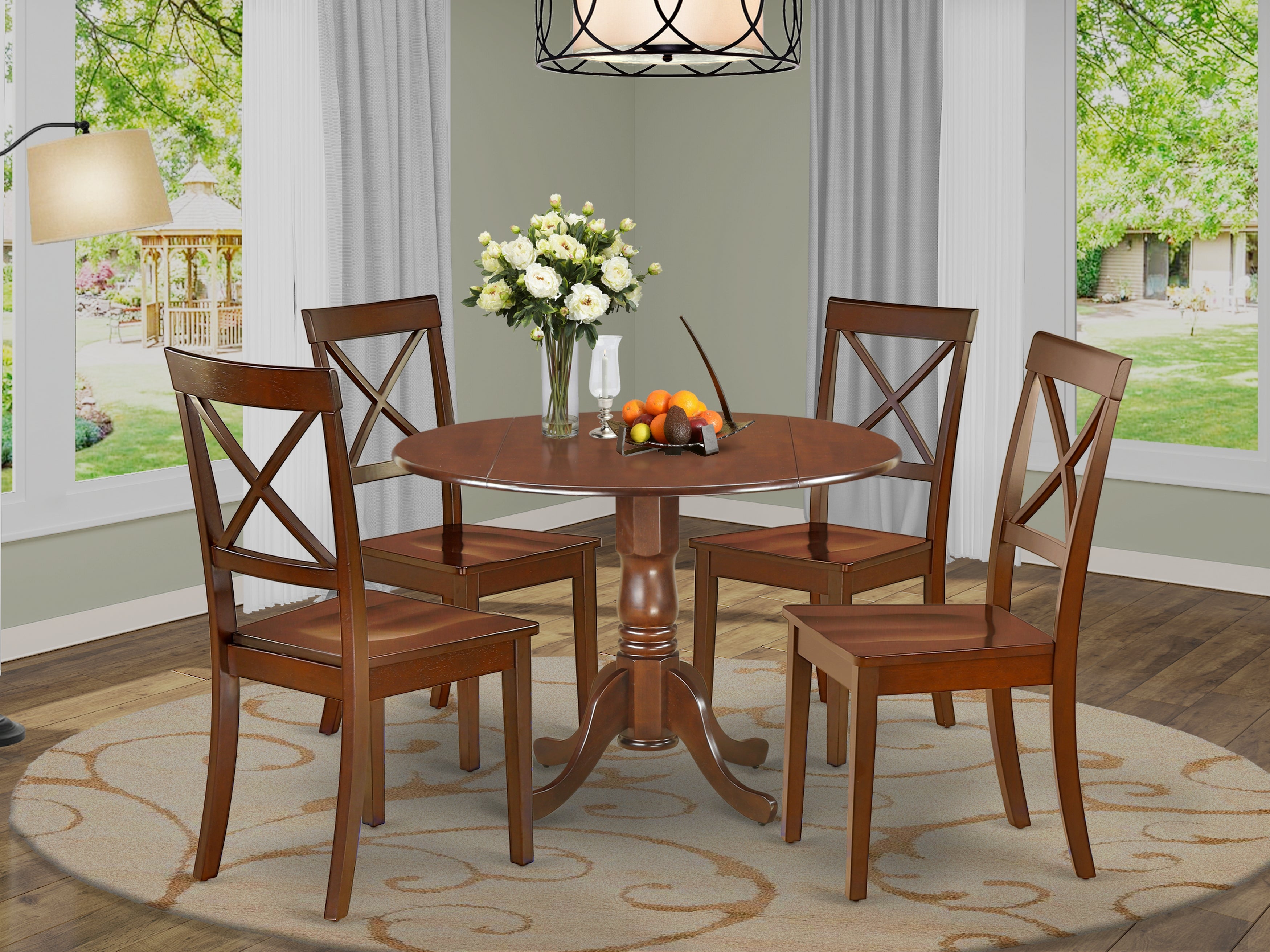 DLBO5-MAH-W 5Pc Rounded 42 Inch Kitchen Table With Two 9-Inch Drop Leaves And Four Wood Seat Dining Chairs