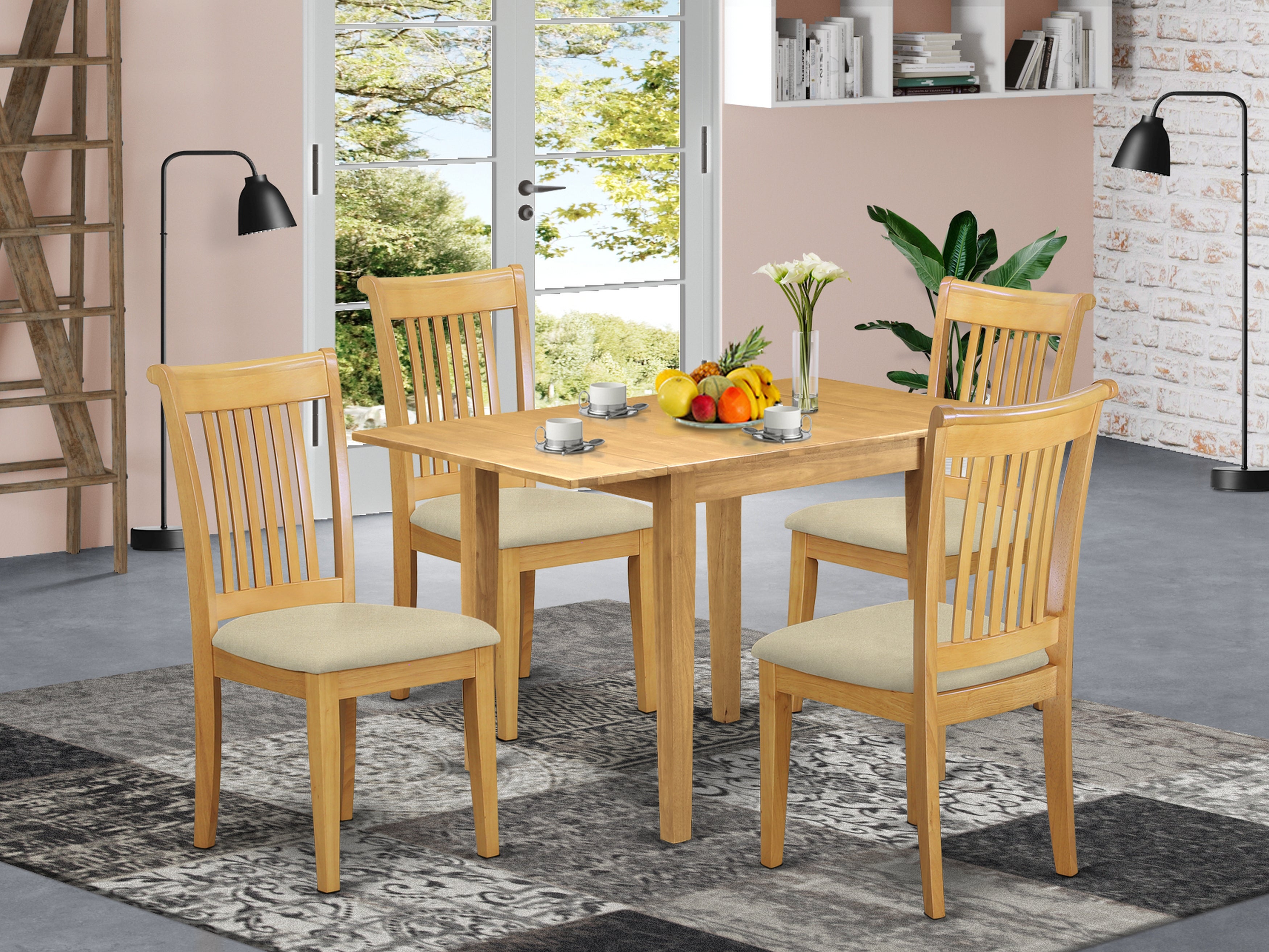 East West Furniture NDPO5-OAK-C, 5Pc Kitchen Set Includes a Dining Table and 4 Dining Chairs with Microfiber Upholstery Seat and Slat Back, Oak Finish