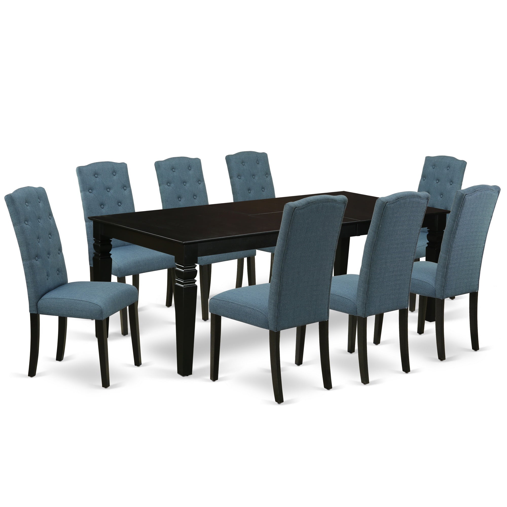 LGCE9-BLK-21 9Pc Dining Set Includes a Rectangle Dining Table with Butterfly Leaf and Eight Parson Chairs with Blue Fabric, Black Finish