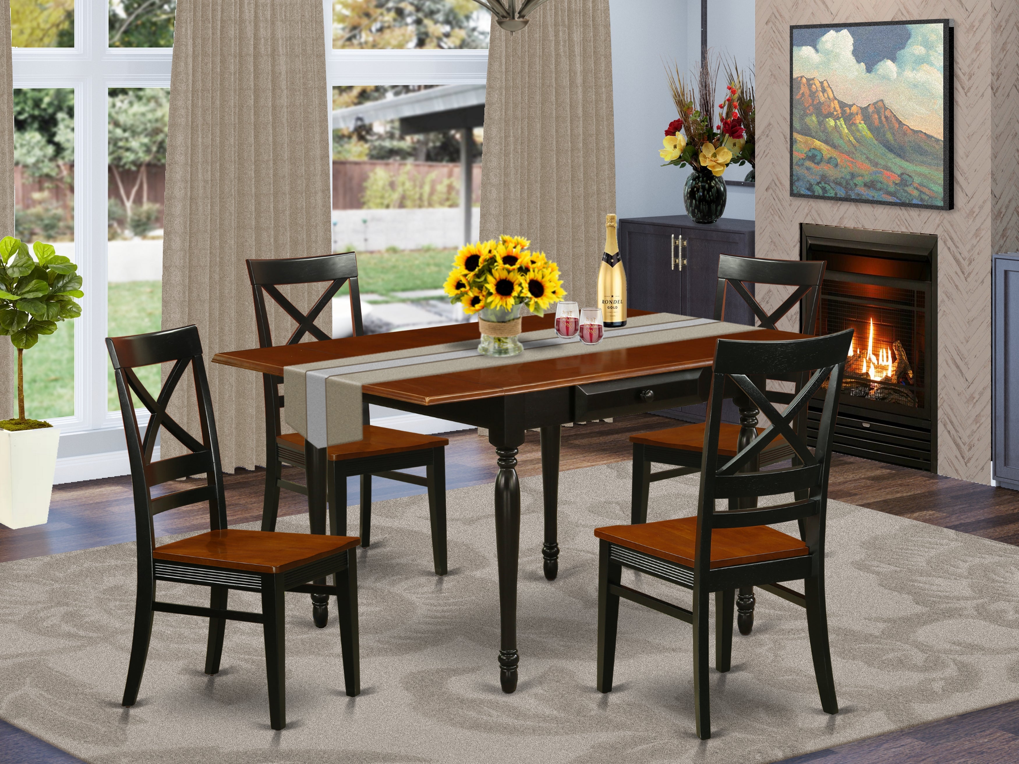 East West Furniture MZQU5-BCH-W 5 Pieces Dining Room Table set - Robust Two 9-Inch Drop Down Leaves Wooden Dining Room Table and 4 Real Wood Seat Dining Chairs, Black and Cherry Finish
