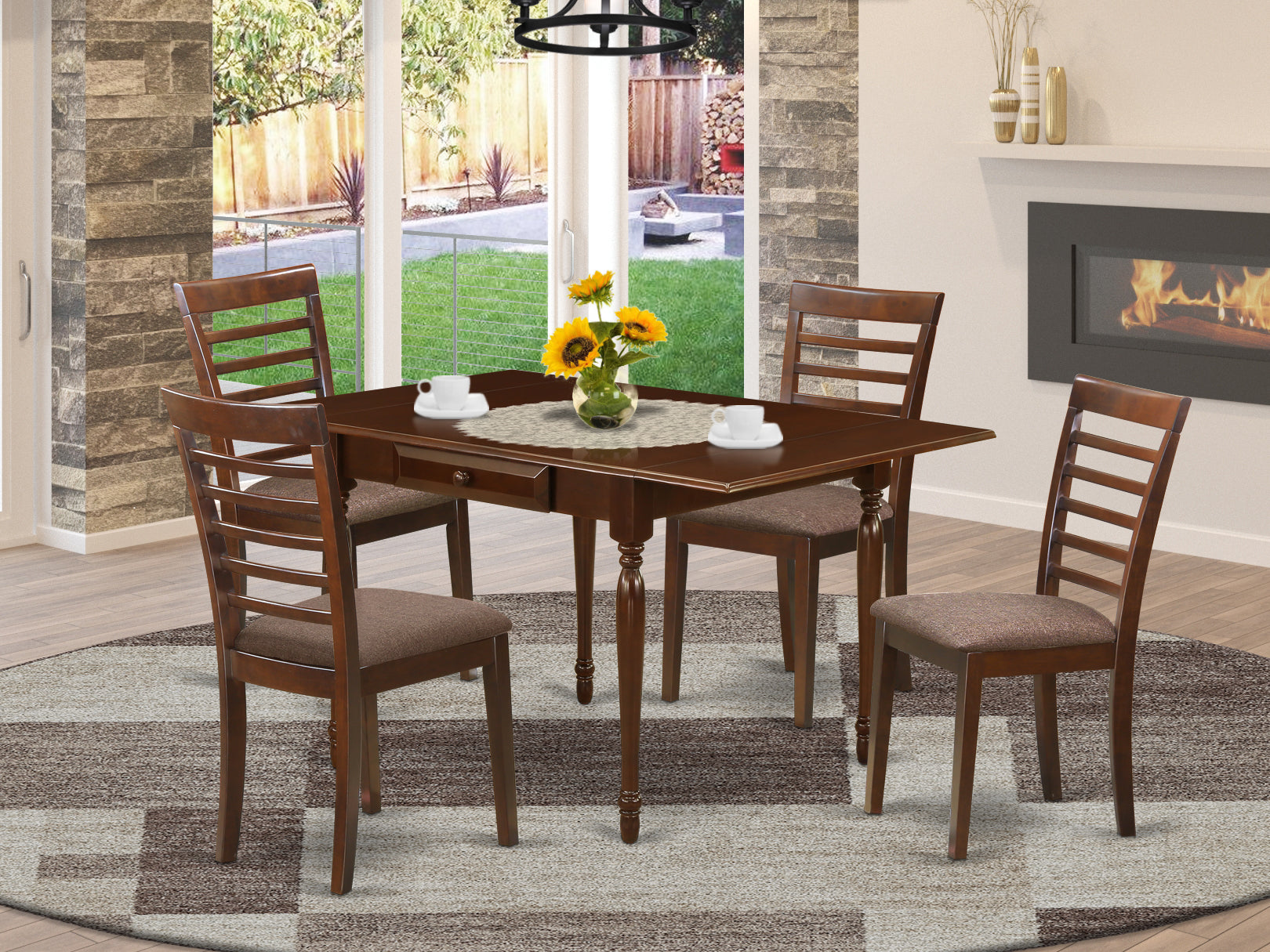 East West Furniture MZML5-MAH-C 5 Pieces Kitchen Dinette set - Strong Drop Leaf Real Wood Dining Table and 4 Microfiber Upholstery Seat Wood Dining Chairs, Mahogany Finish