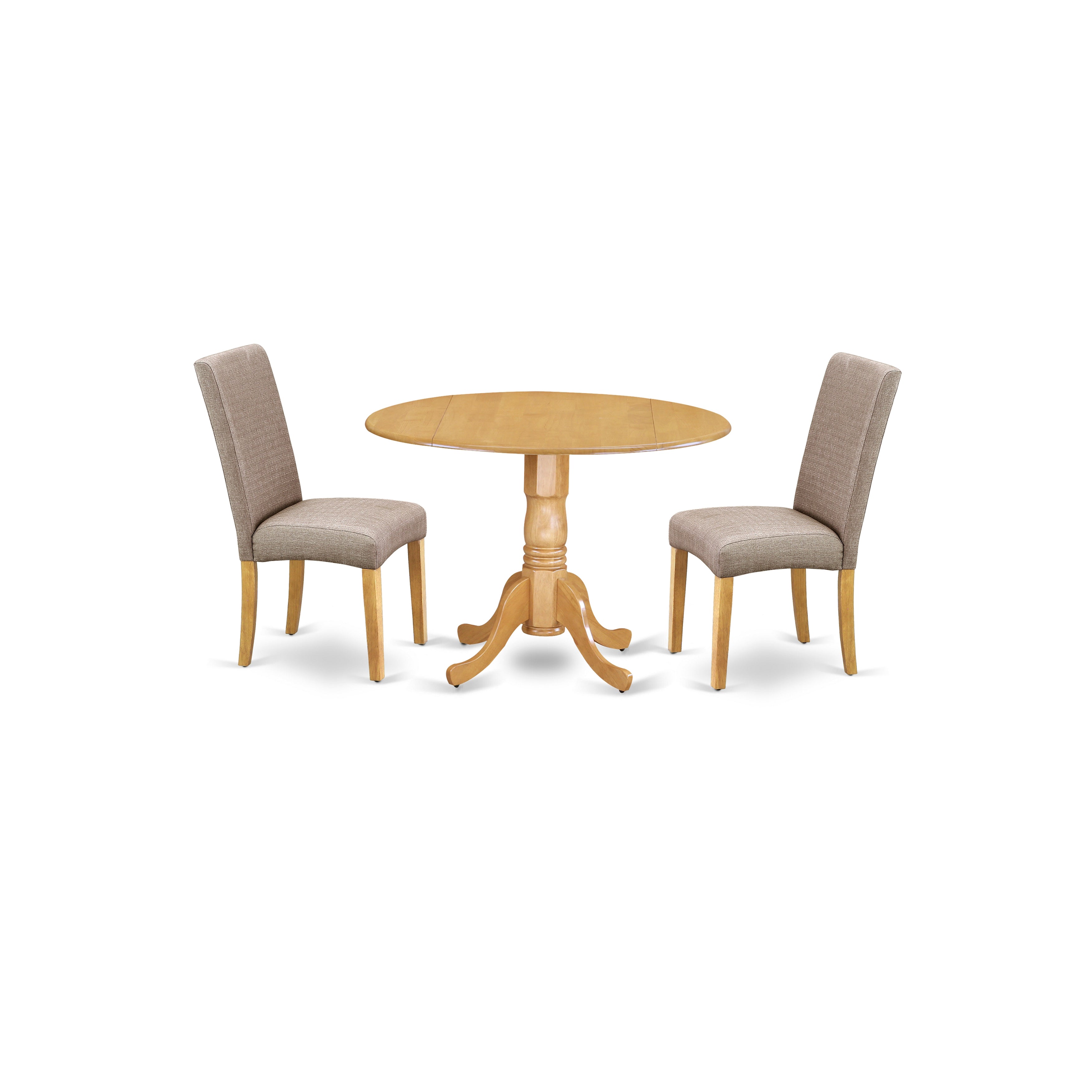 DLDR3-OAK-16 3Pc Round 42 Inch Dining Table With Two 9-Inch Drop Leaves And Two Parson Chair With Oak Finish Leg And Linen Fabric- Dark Khaki Color