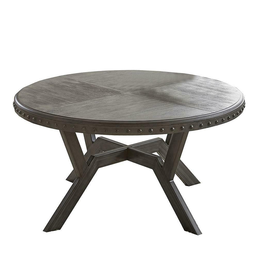 Rustic Alamo Round Cocktail Coffee Table With Nailhead Trim in Weathered Grey