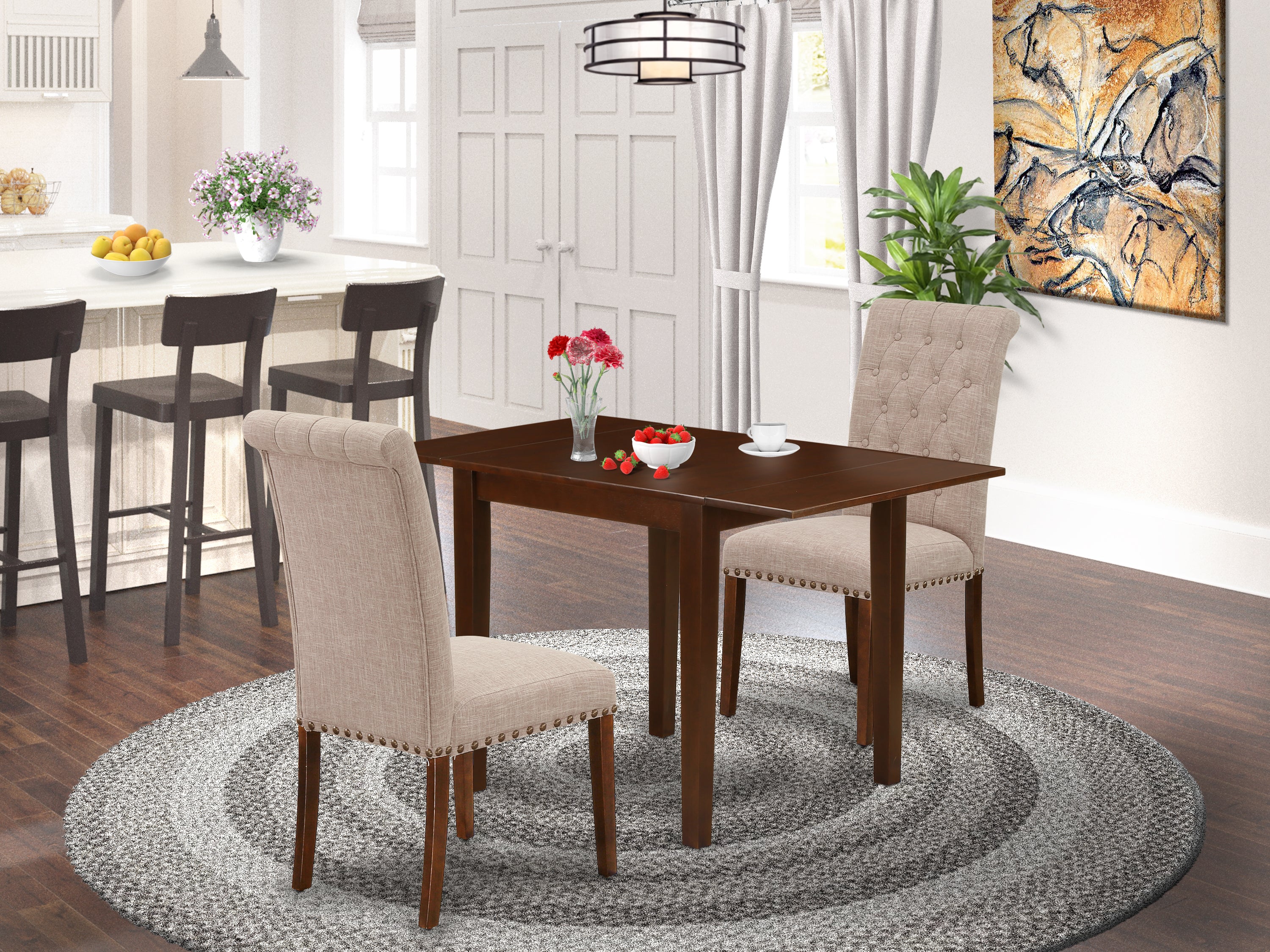 East West Furniture NDBR3-MAH-04 Dining Set 3 Pc - 2 Dining Room Chairs and a Wood Dining Table - Mahogany Finish Solid wood - Light Fawn Color Linen Fabric