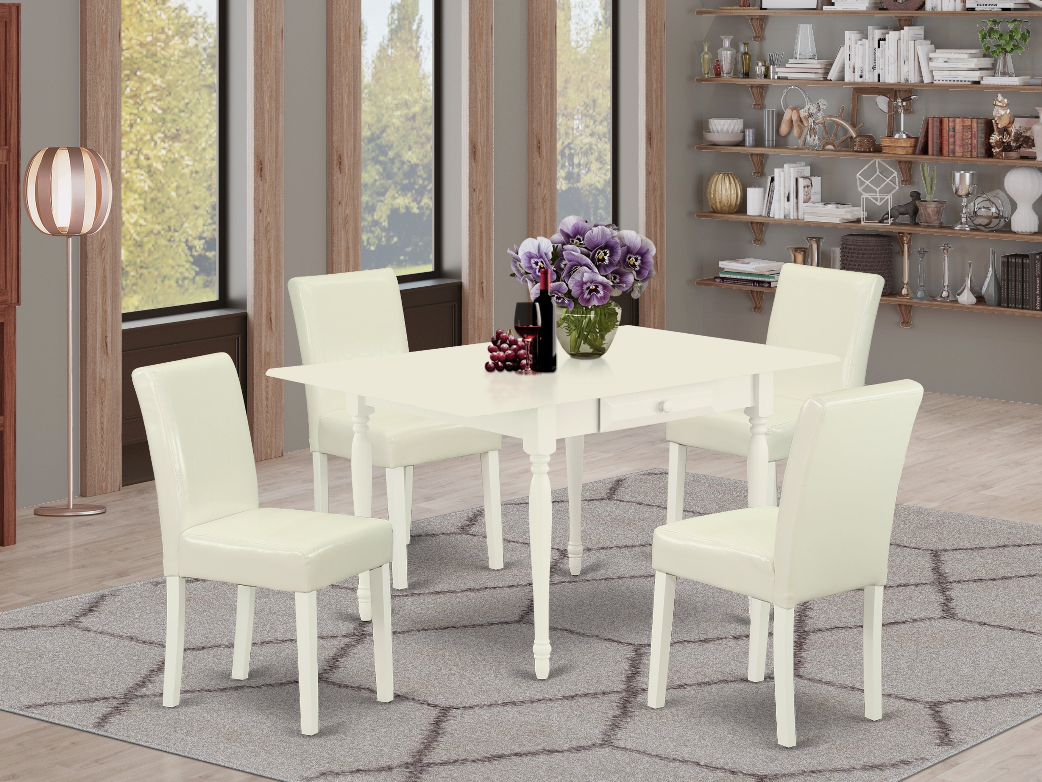 East West Furniture MZAB5-LWH-64 5Pc Wood Dining Table Set Consists of a Dining Table and 4 Parsons Dining Chairs with White Color PU Leather, Drop Leaf Table with Full Back Chairs, Linen White Finish