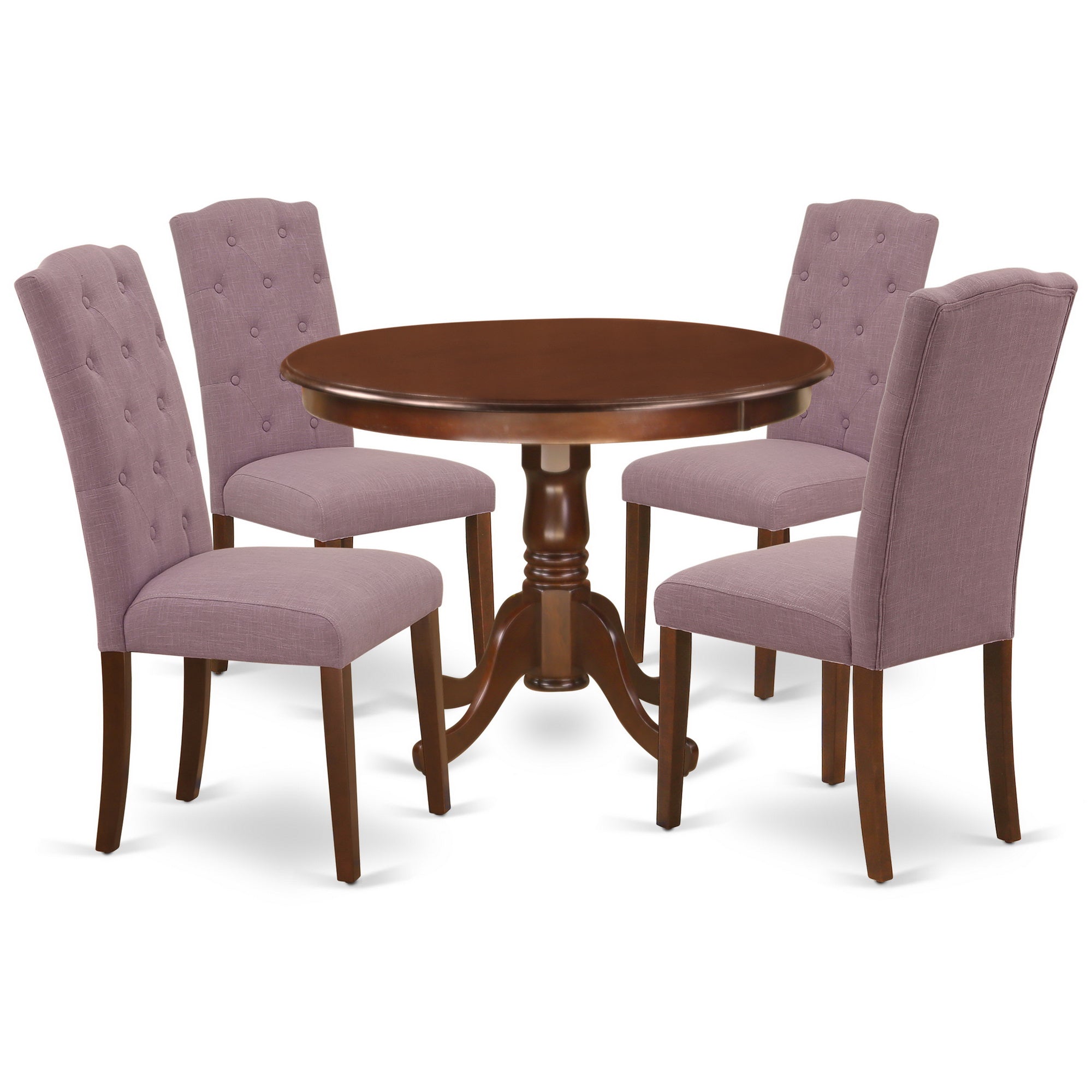 HLCE5-MAH-10 5Pc Dining Set Includes a Round Dinette Table and Four Parson Chairs with Dahlia Fabric, Mahogany Finish