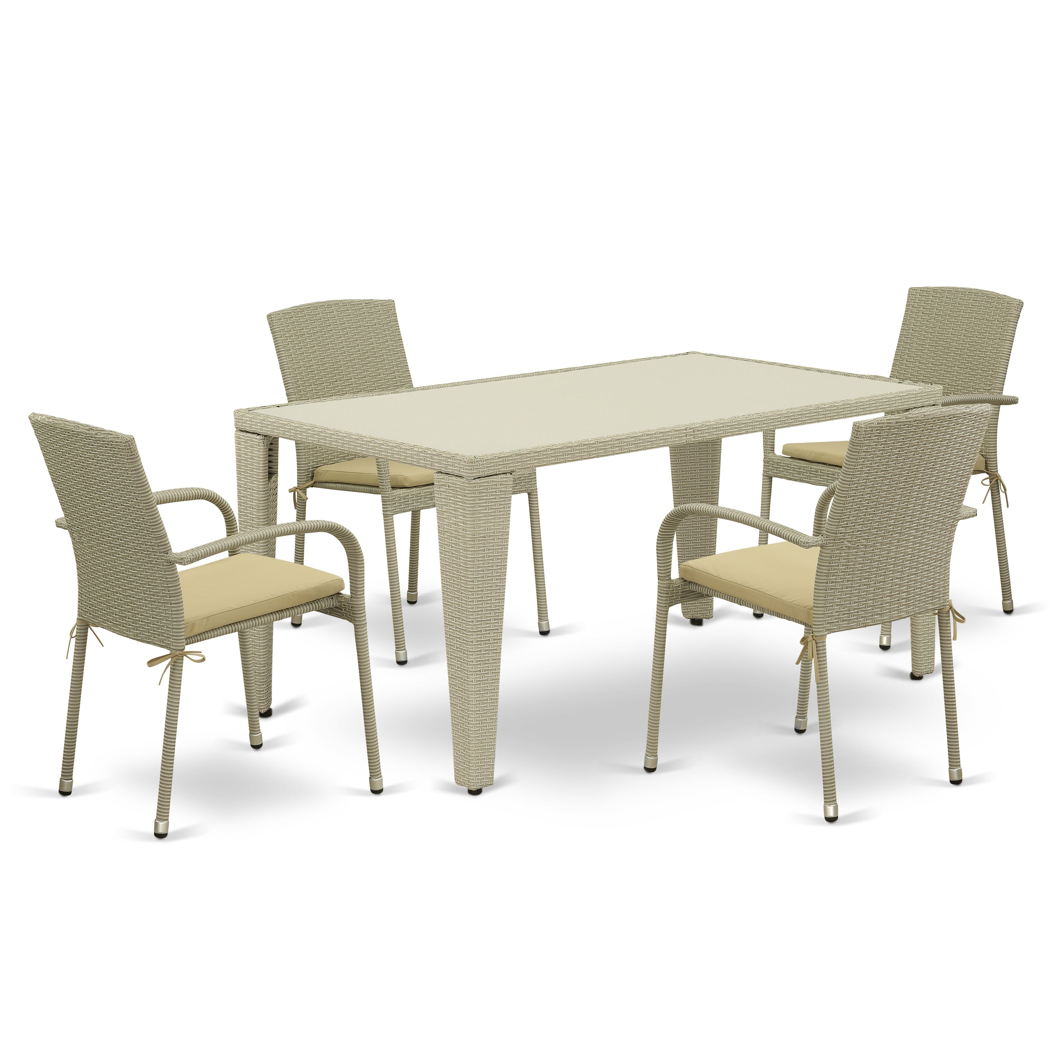 GUJU5-03A 5Pc Outdoor-Furniture Natural Color Wicker Dining Set Includes a Patio Table and 4 Balcony Backyard Armchair with Linen Fabric Cushion