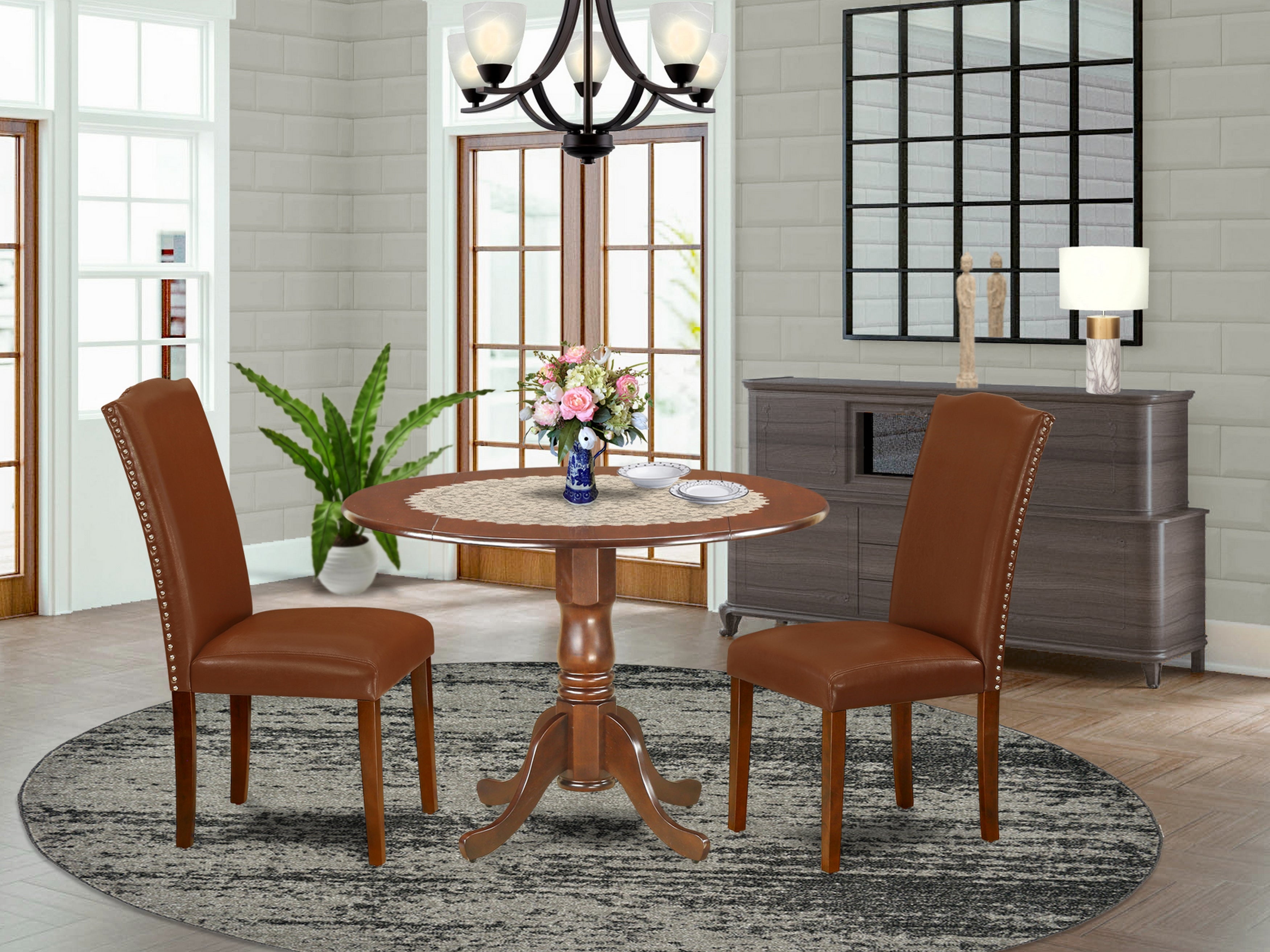DLEN3-MAH-66 3Pc Round 42 Inch Kitchen Table With Two 9-Inch Drop Leaves And A Pair Of Parson Chair With Mahogany Leg And Brown Flaux Leather